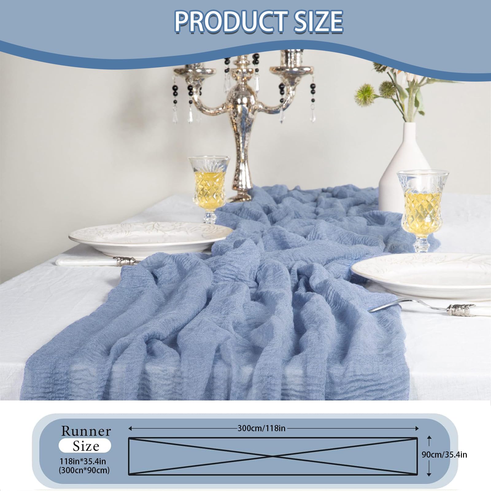 PAITOK Cheesecloth Table Runner,90 * 300 CM Boho Gauze Fabric Tablecloth Rustic Table Cover Muslin Decorative Fabric for Wedding Baby Shower Party Table Decoration(Blue) - Image 2