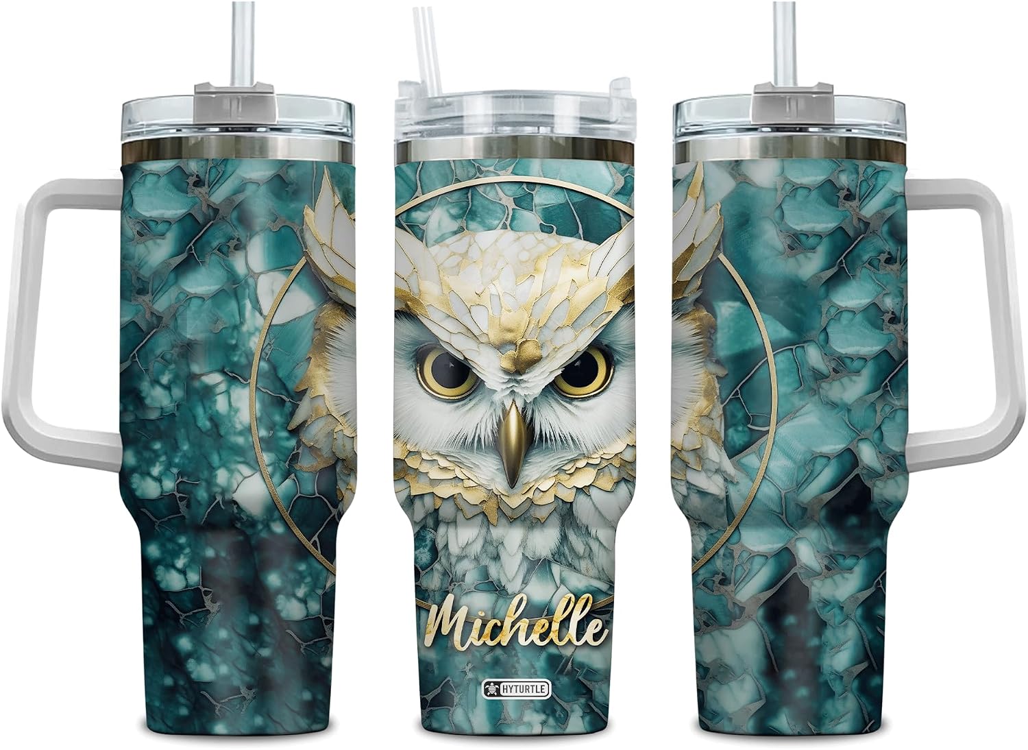 Hyturtle Personalized Gift For Owl Lovers - Owl Printed Custom Name Tumbler 40oz With Handle And Straw, Stainless Steel Travel Coffee Cup With Lid - Animal Lover Gift For Women, Girls On Birthday
