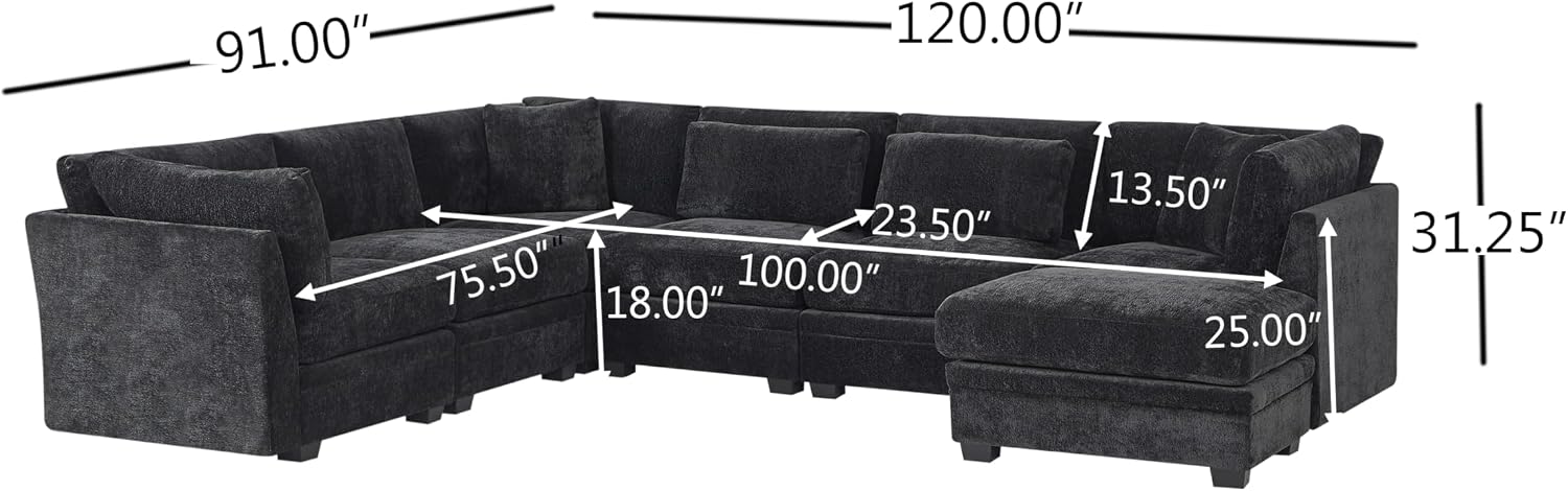 Christopher Knight Home Zery 7-Piece U-Shape Lounge Sofa Couch with Ottomans, Modern Modular Sectional Sofa Set with Pillow Back for Living Room, Chenille Upholstered Cloud Couch with Deep Seat,Black