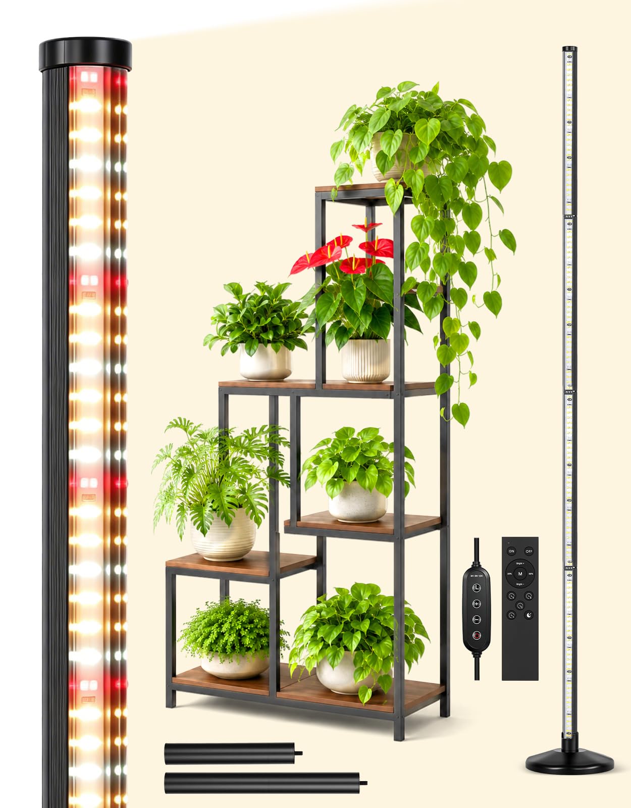 OUTON Lámpara LED para plantas de interior, espectro completo, 48 W, 195 cm | 210 LED, 6000 K, CRI 96, 10 niveles, temporizador 4/8/12 h, mando a distancia, base redonda, altura hasta 195 cm