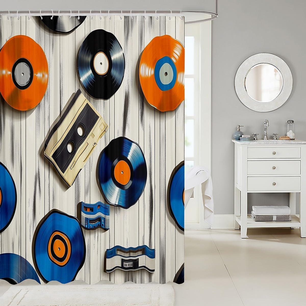 Vintage Vinyl 72" W X 72" L Shower Curtain Kids Boys Music Theme Bathroom Shower Curtain Sets,Stripe Geometric Music Fabric Shower Curtain Musical Instrument Cd Disc Bathroom Accessories ,Blue Yellow image 2