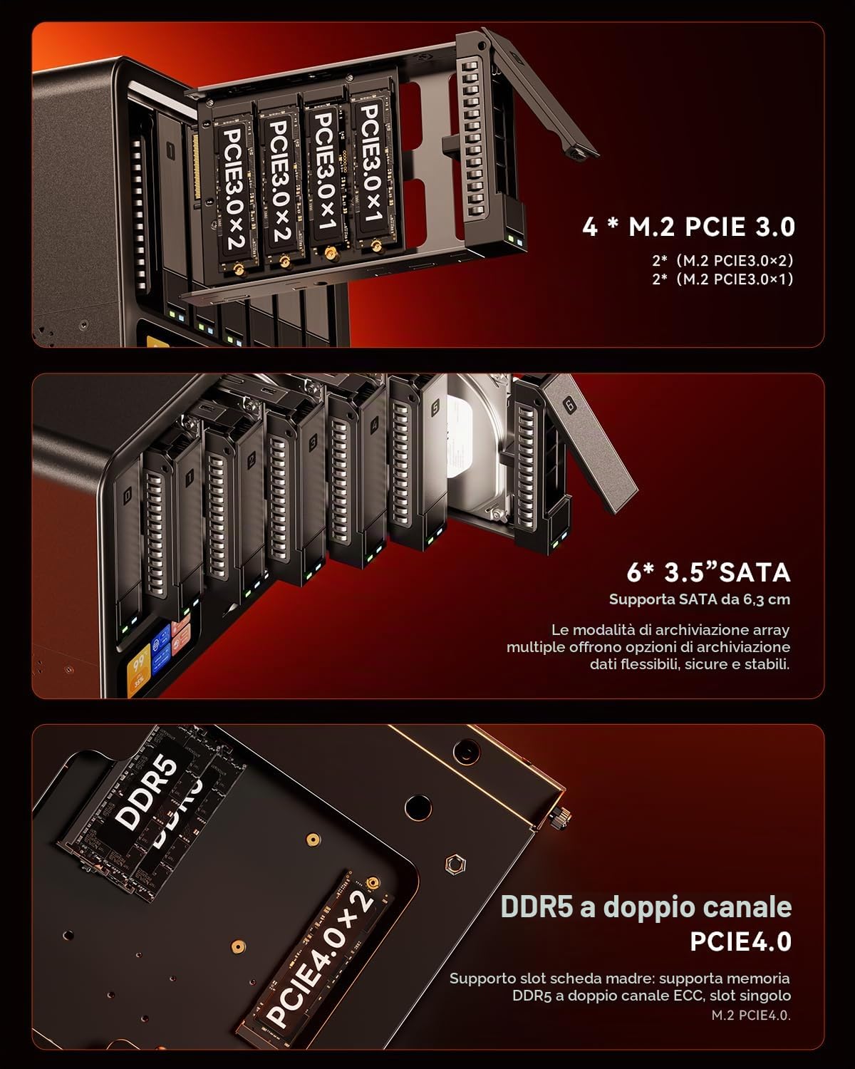 AOOSTAR WTR MAX Mini PC NAS desktop a 11 Bay, server NAS Ryzen 7 PRO 8845HS Senza RAM Senza SSD, 6*2.5"/3.5" SATA HDD, 5*slot M.2 NVMe, 2*10GbE, 2*2,5GbE, OCuLink, 4K HDMI, Network Attached Storage
