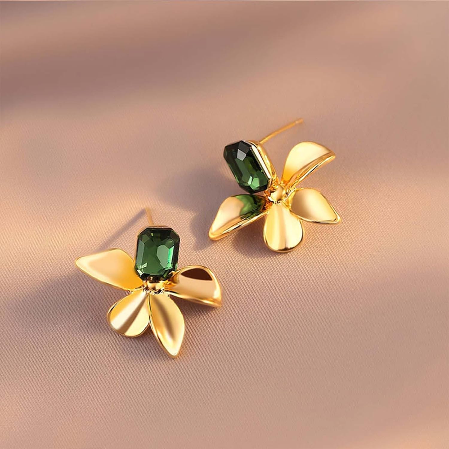 W WEILIRIAN Vintage Square Emerald Earrings Gold Flower Drop Earrings Green Crystal Stud Earrings Green Cz Earrings Metal Flower Earrings Jewelry for Women - Image 6