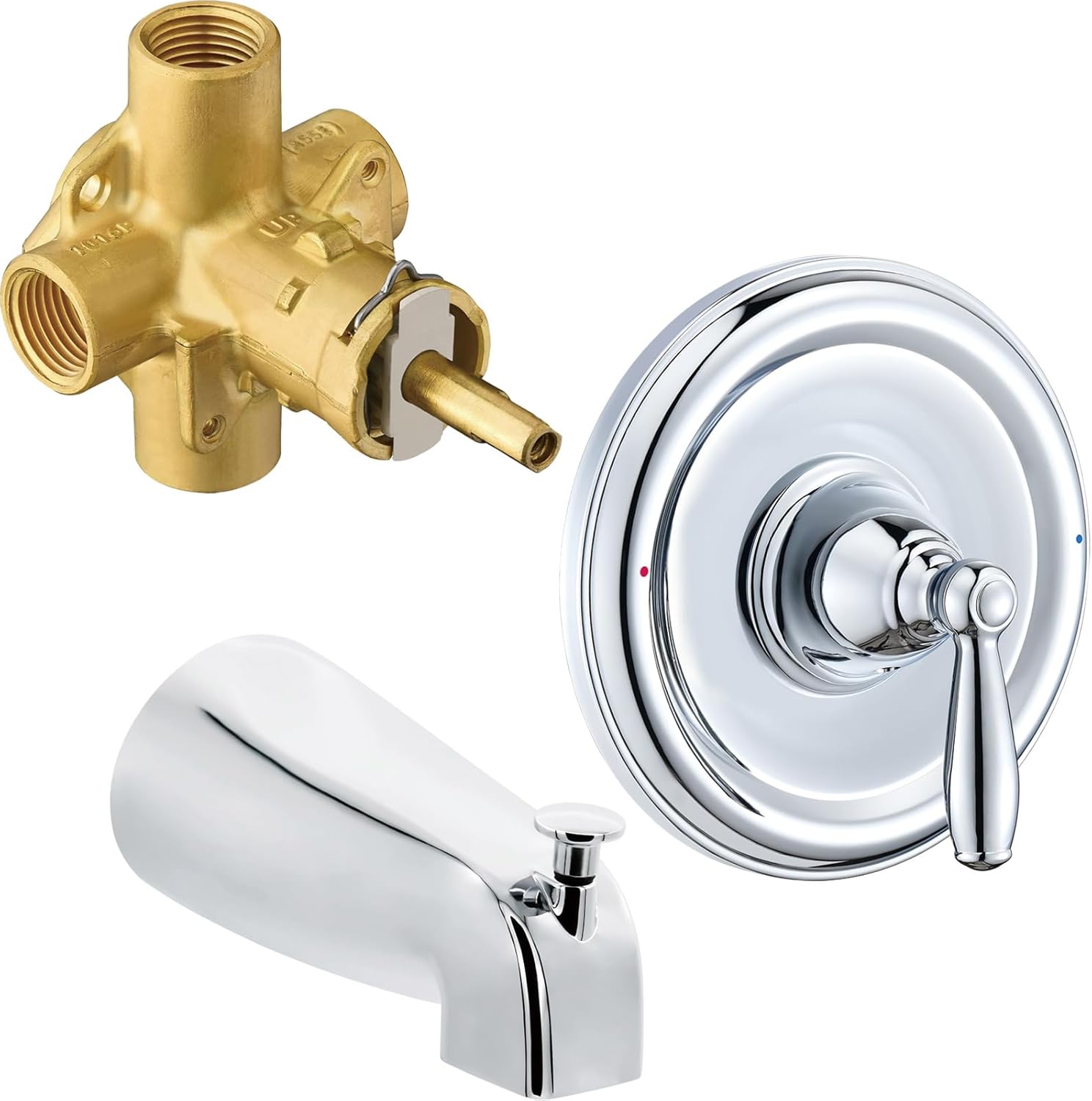 Tearel Replacement for Moen Posi Temp Shower Valve and Trim Kit, Complete Set for Tub and Shower Faucet, Includes Valve Body, Handle, Escutcheon Plate, Tub Spout, Chrome