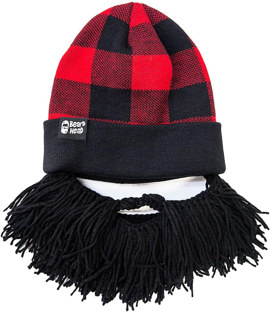 Beard Head Lumberjack Plaid Beanie - Original Handmade Knit Hat and Removable Beard