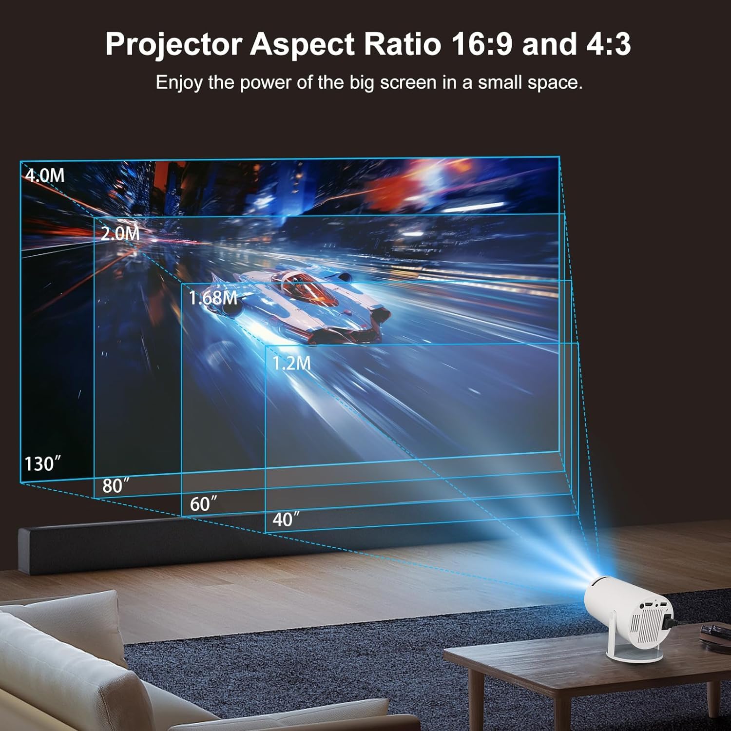 Mini proiettore 4K Supporto Android 11 2 GB RAM 16 GB ROM WIFI 6 BT 5.4 40"-130'' Proiezione Correzione Automatica della Distorsione Trapezoidale Proiettore Girevole a 180° (Bianco)