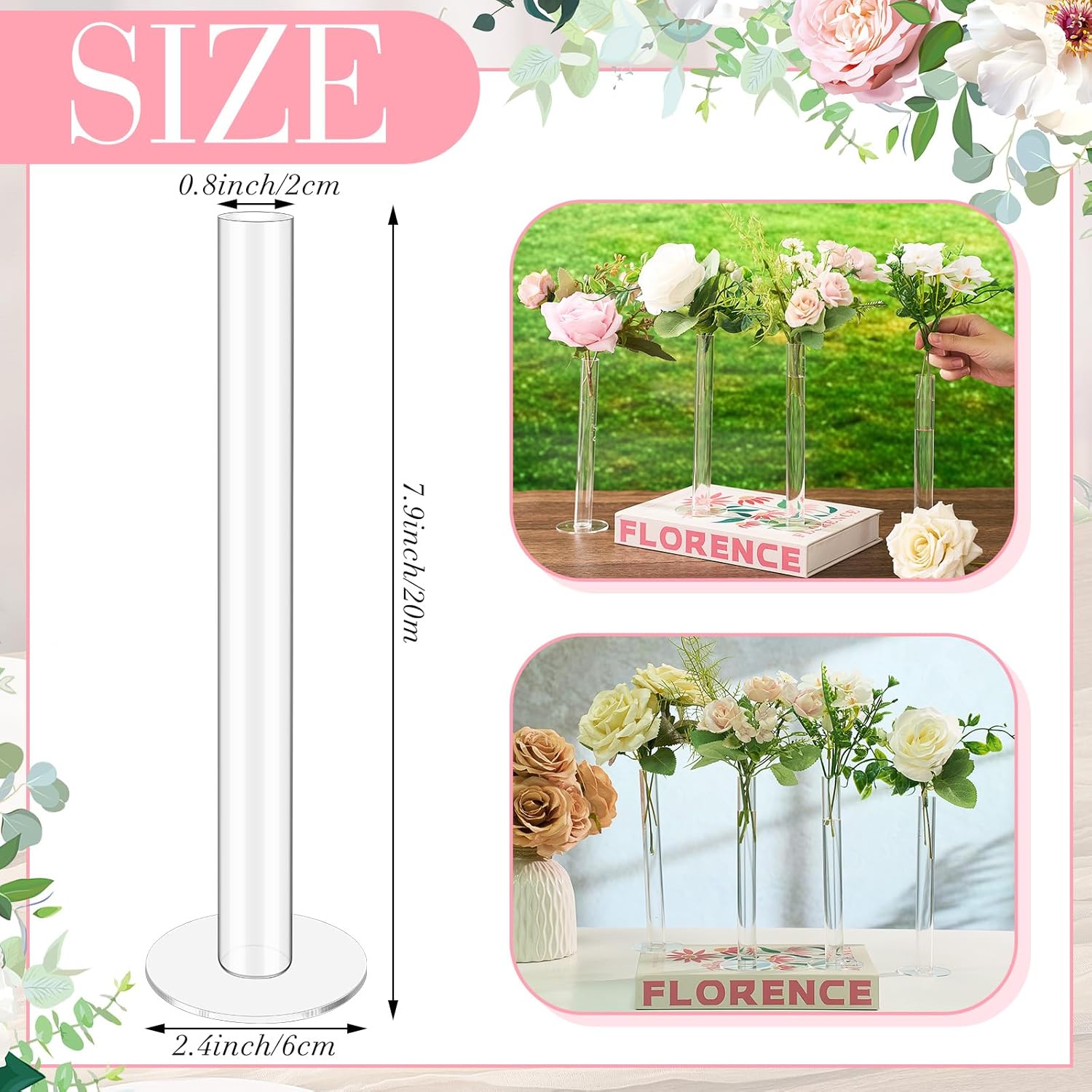 6 Pcs Cylinder Bud Vases for Centerpieces, 7.9" Acrylic Clear Small Tall Slim Flower Vases for Single Rose, Home Aesthetic Wedding Table Decorations for Party Desk Decor - Image 2