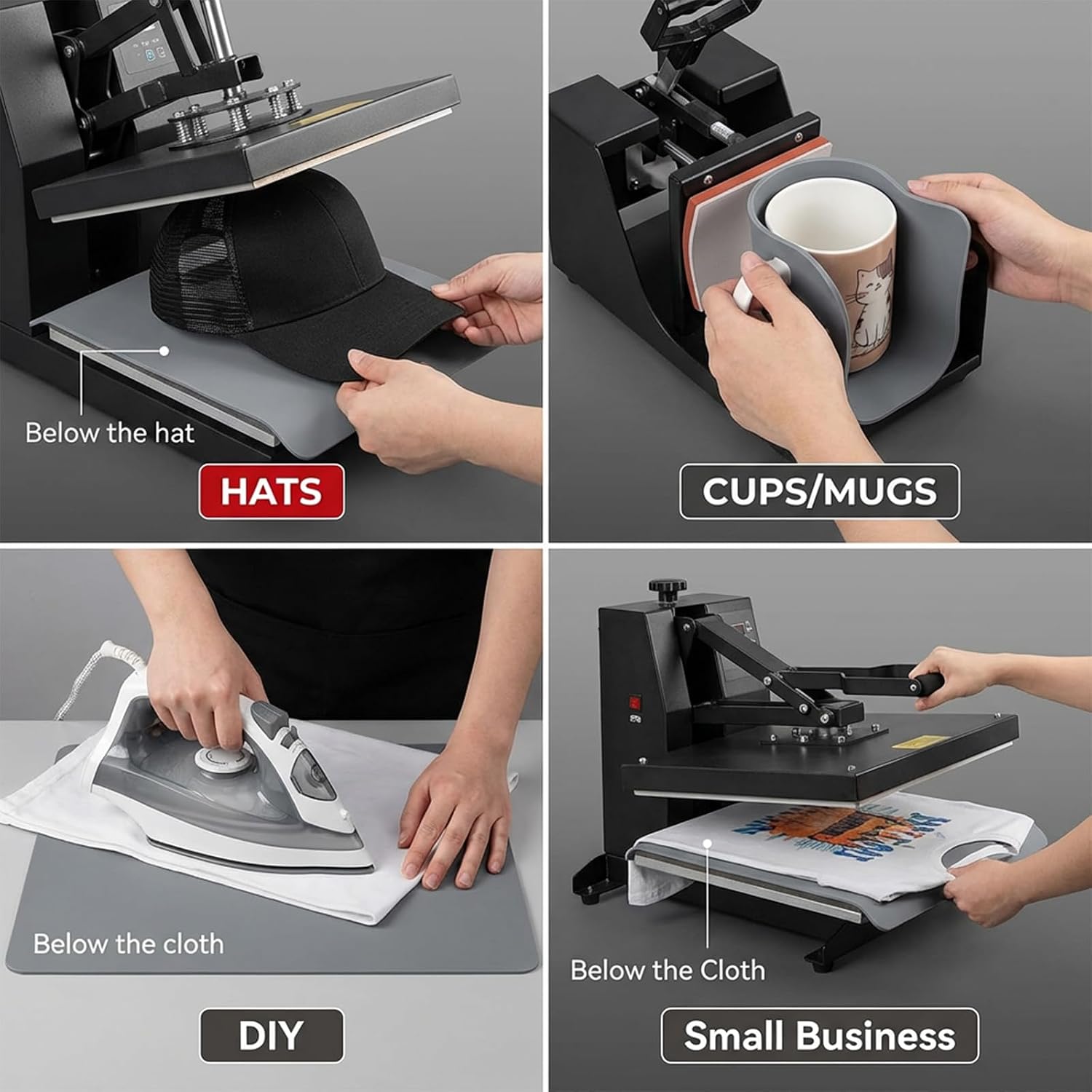 Thinp 3 Pcs Silicone Heat Press Mat, 4" x 8" Foam Cover Pad 3 mm Thickness Heat Press Pad Reusable Silicone Pressing Sheets Double Sided Use Mat for Hat HTV and T-Shirt Vinyl Transfer (Gray)