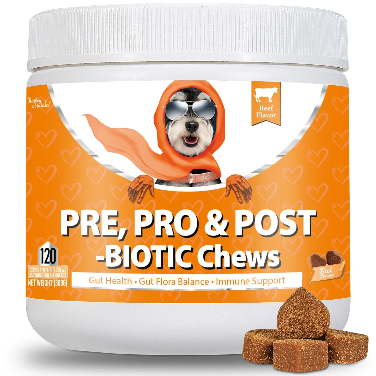 Bailey & buddies Probiotiques Chien Digestion & Système Immunitaire | Compléments Alimentaires Premium pour Chiens | Oméga 3, Probiotiques | Marque UK | 300g