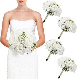 Wedding Bridesmaid Bouquets Set of 4, Artificial Silk Flowers Arrangement for Ceremony Marriage Proposal Party Anniversary Decorations - White
