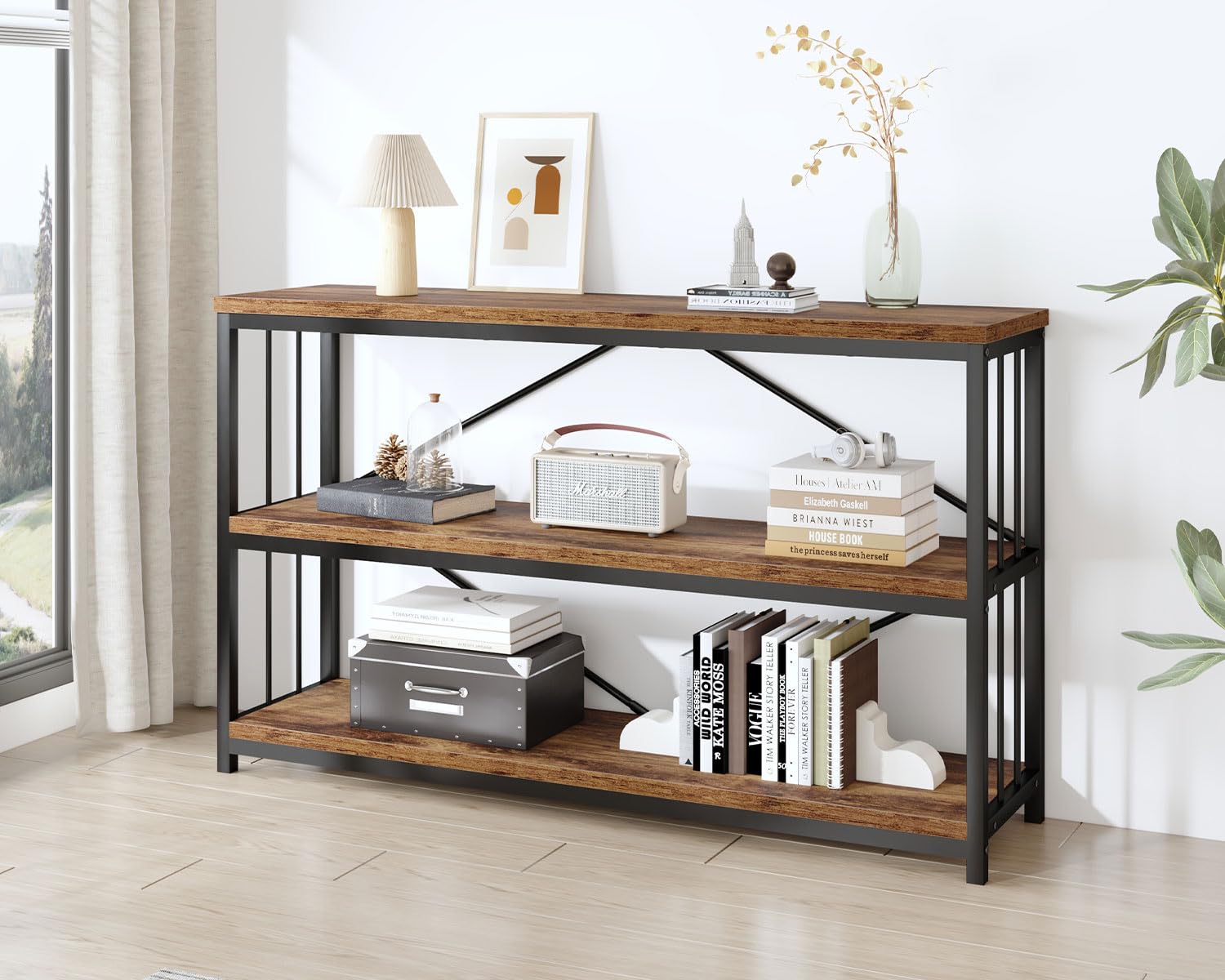 IBF Regal mit 3 Ebenen 120 cm Breit Bücherregal Holz und Metall Vintagebraun Offenes Standregal Industrielles Würfelregal Bücherschrank für Wohnzimmer Schlafzimmer Büro Küche 34 x 120 x 74 cm