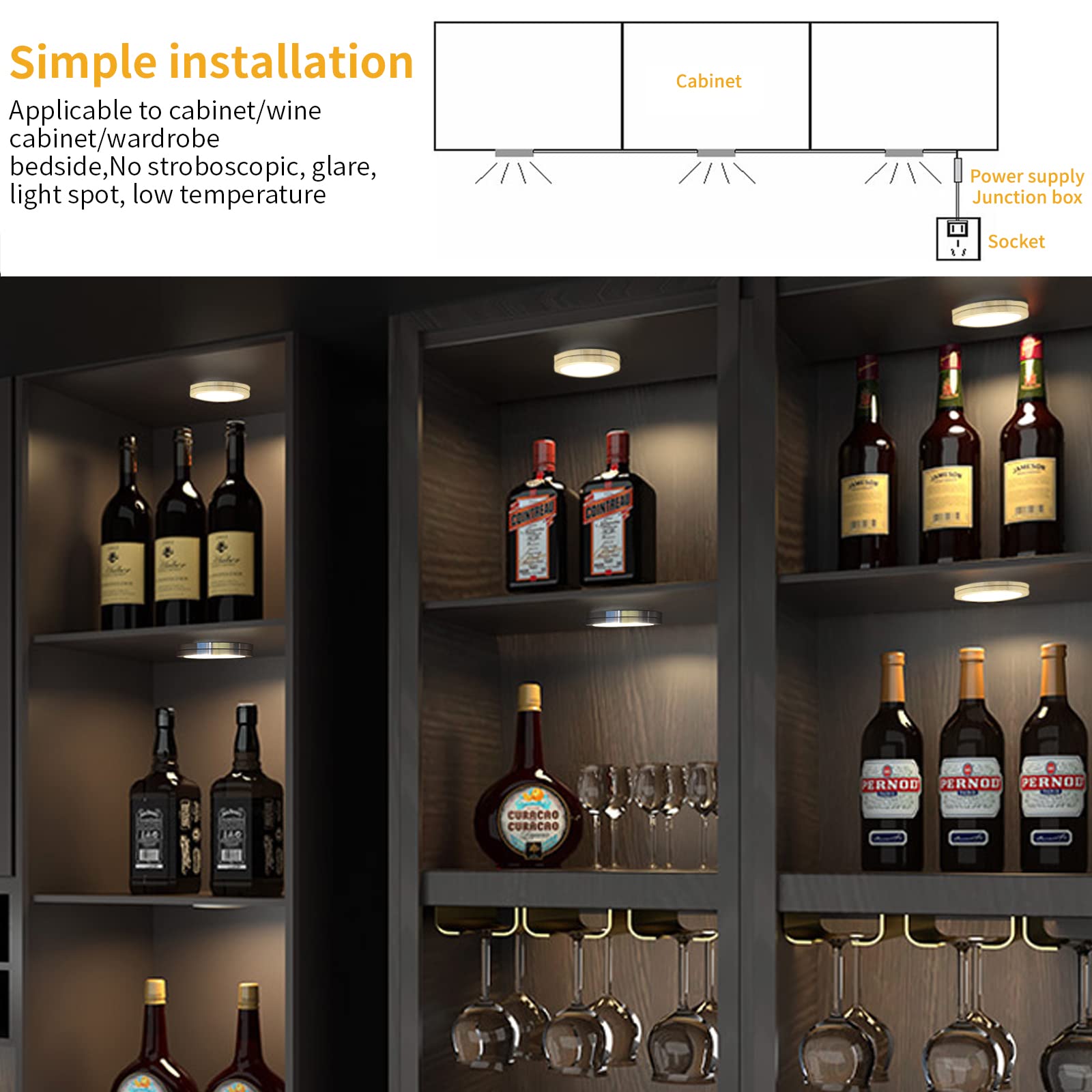 Luces para Gabinetes LED (4 luces, Blanco cálido) Luces de Armarios Regulables,12v 2.5w Para Vitrinaestantes de armarios de cocina y muebles de interior- 11 modos de iluminación