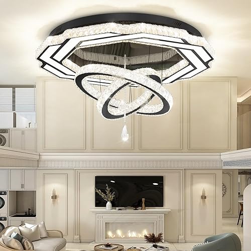 Flashing God Large Chandelier Dia 40" Black Crystal Chandelier Flush Mount Ceiling Light for Bedroom Living Room Dining Room Hallway Dimmable 3 Rings LED Celing Lighting Fixtures