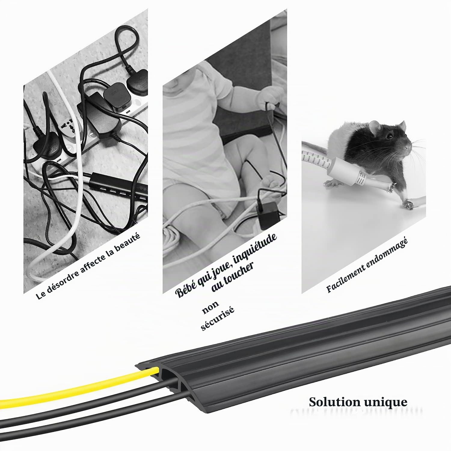 CPROSP Passe Câble Sol 2M, Passage Plancher Souple Noir, 3 Passages pour Câbles et Fils, Protecteur Couvre-Câble de Sol 200 cm x 6,4 cm, avec Une Bande Adhésive Double Face de 500 * 3 cm