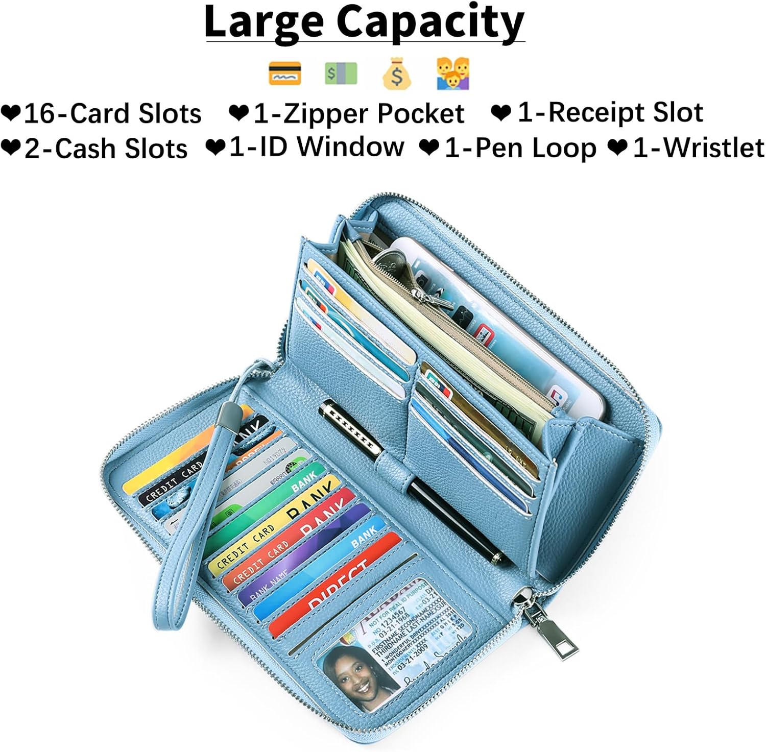 GOIACII Womens Wallet RFID Blocking Leather Zip Around Wallet Large Capacity Long Purse Credit Card Clutch Wristlet | RFID Blocking, Zip Around, Large Capacity, Long, Credit Card, Clutch - Image 3