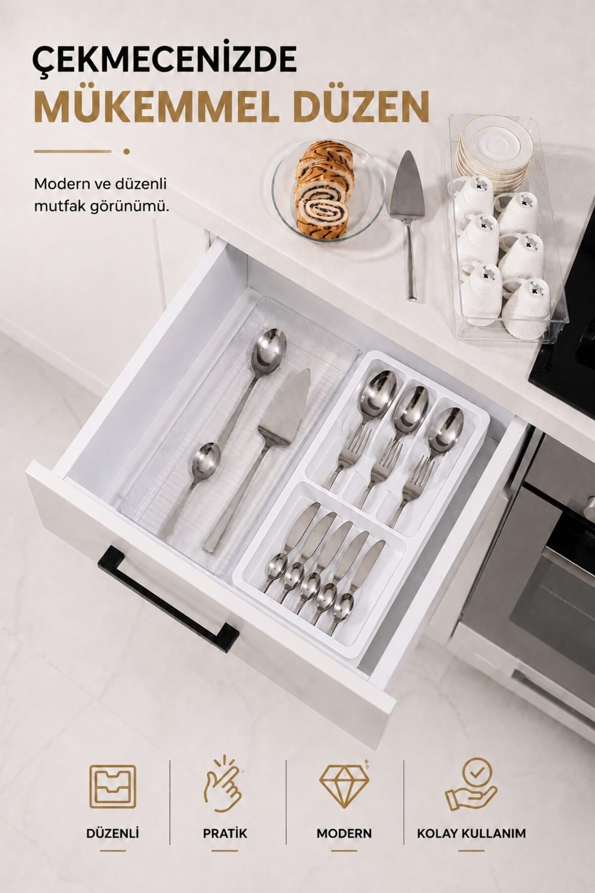 Sas Haus Çekmece İçi Kaşıklık Organizer Bölmeli Mutfak Düzenleyici Beyaz S-11030
