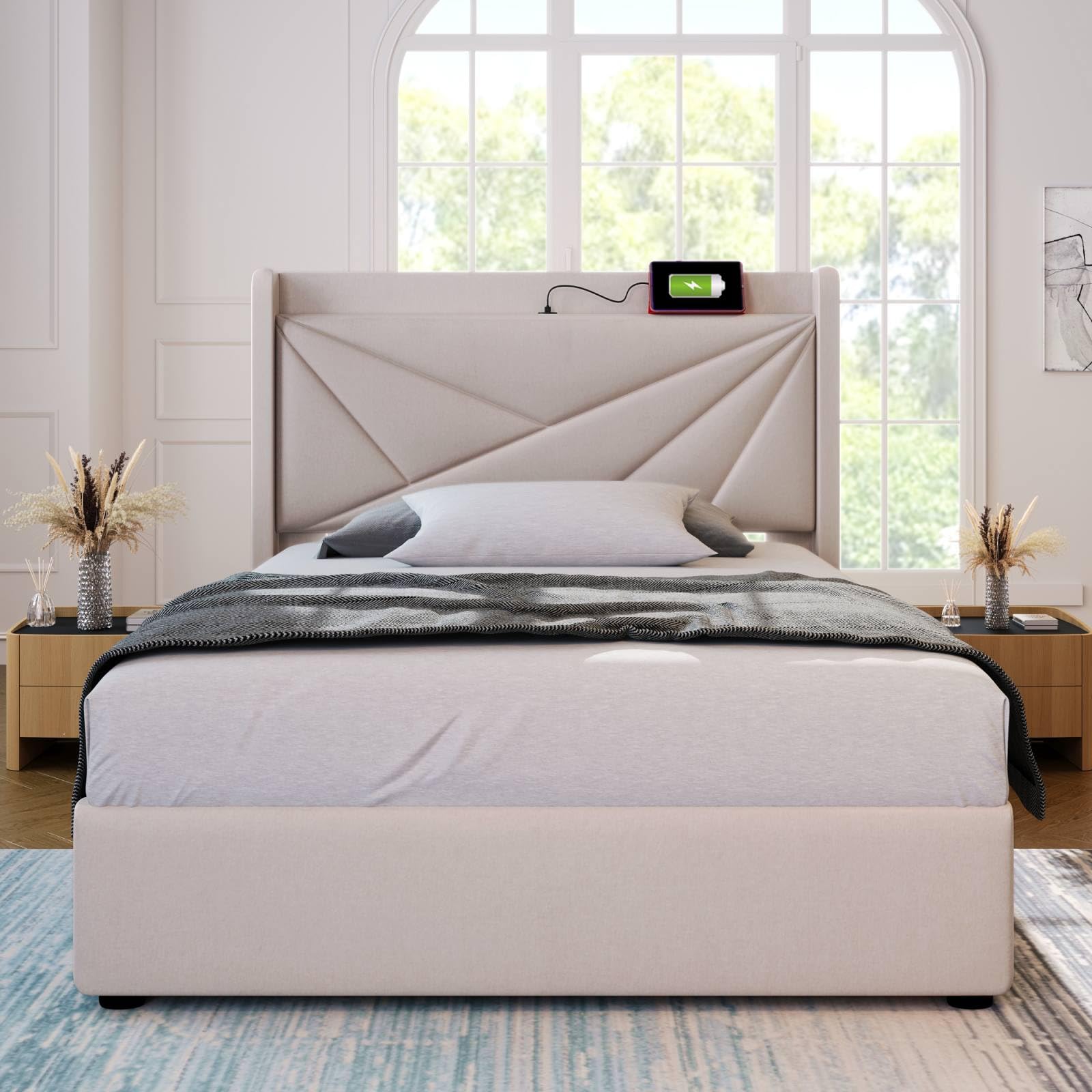 KOMHTOM Lit Simple Rembourré avec Rangement sous Lit, Lit Plateforme Capitonné avec Tête de Lit, Cadre de Lit, Sommier à Lattes en Bois, Beige(sans Matelas) (90x200CM)