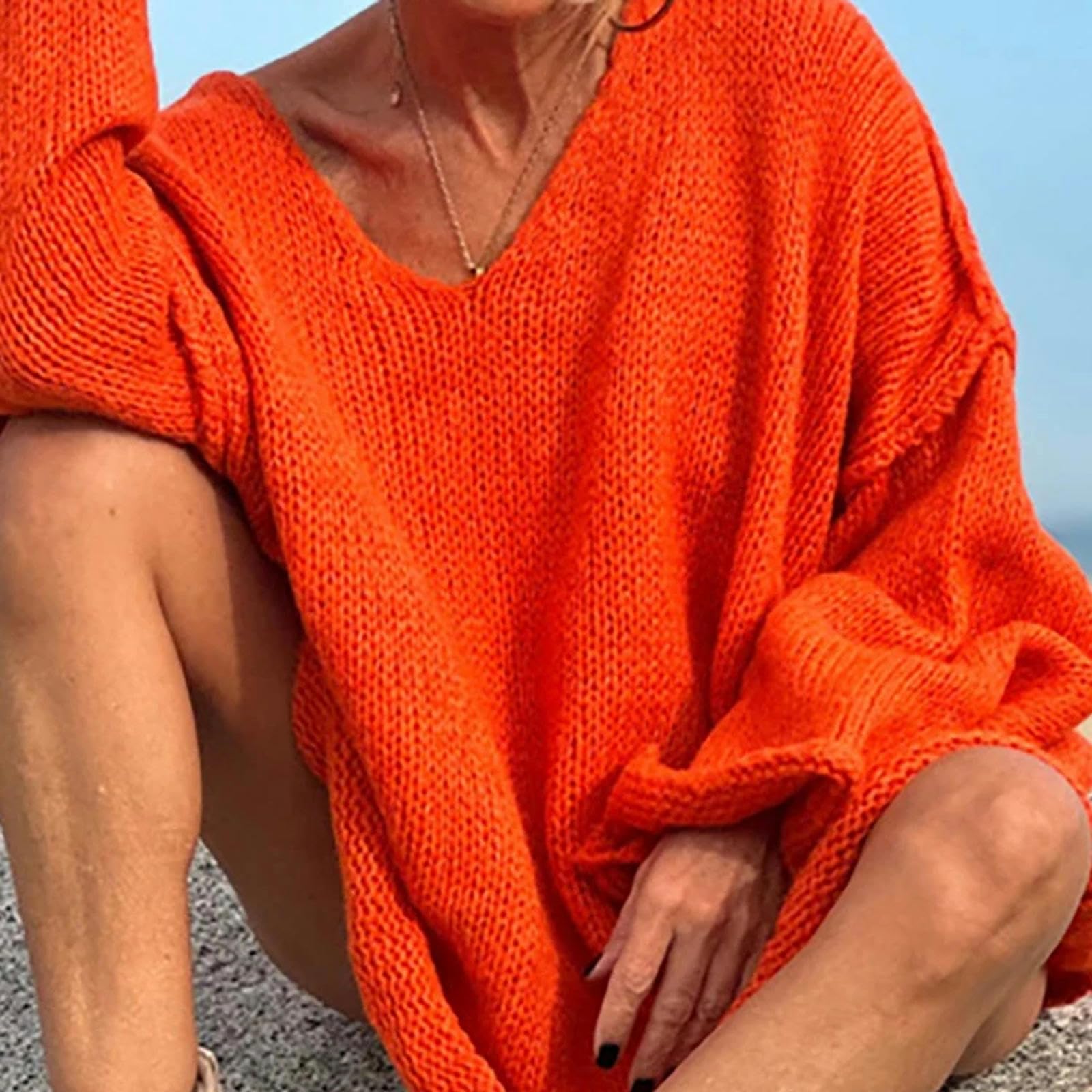 Ropa Mujer Suéteres De Tejido De Invierno De Otoño Mujeres Patchwork V Neck Simple Simple Simple Long Raglan Manga Damas Tops-02 Naranja-Metro