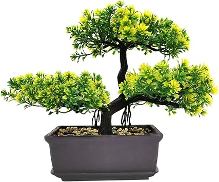 Artificial Bonsai Tree Fake Plants, Potted Faux Living Room Table Indoor Decor Japanese Simulation Pine Greeting Guests Potted for Home Decoration,Office/Windowsill/YardCOLORYellow