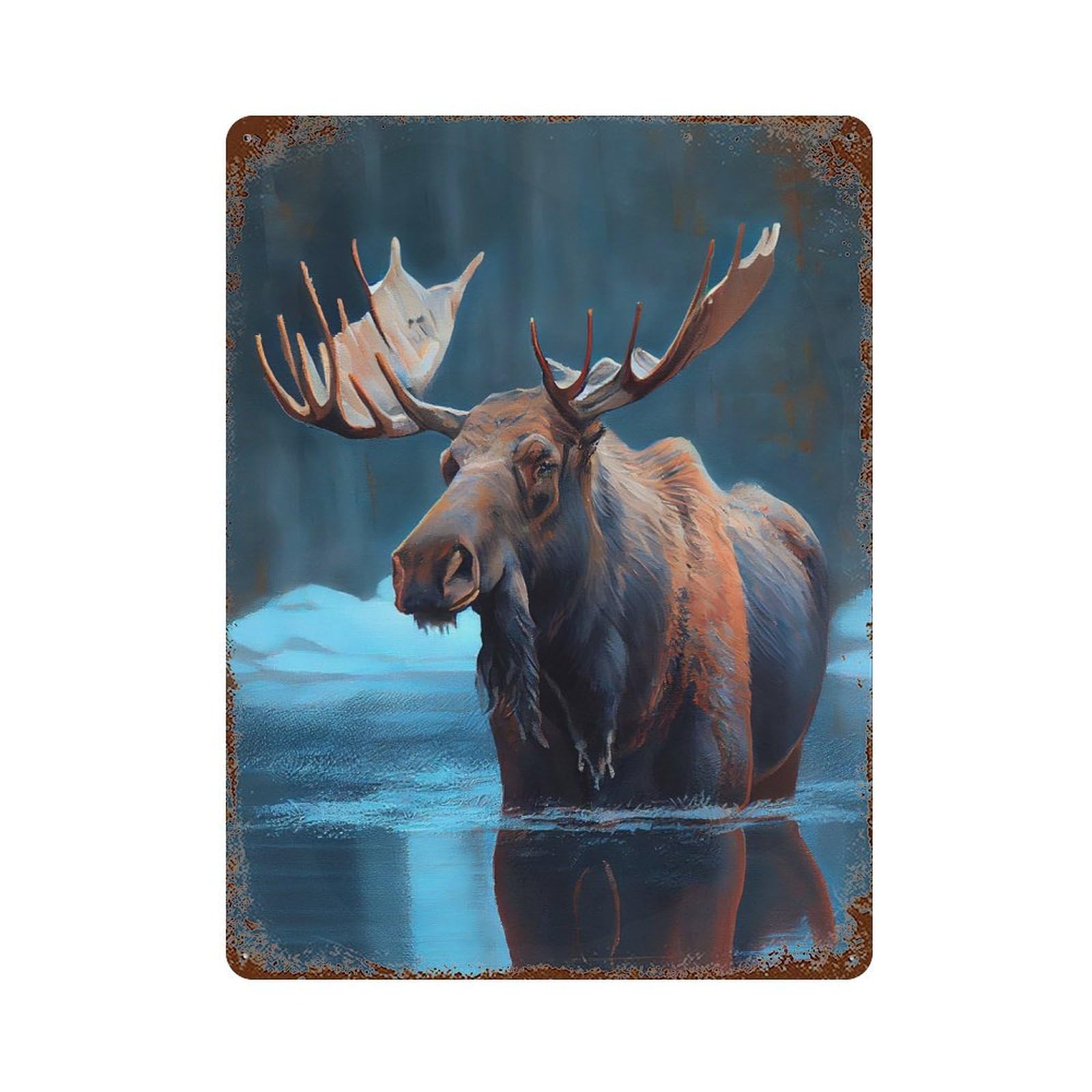 Aged Metal Wall Plaque with Arctic Moose Oil Paint Design 15.7"x11.8", for Pub, Kitchen And Man Cave Decor, Shabby Chic Decor