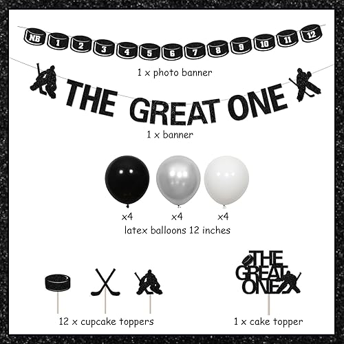 Miniatura 6 de Decoraciones de hockey para el primer cumpleaños para niños, cartel de fotos de bebé de primer cumpleaños para recién nacidos a 12 meses, decoración