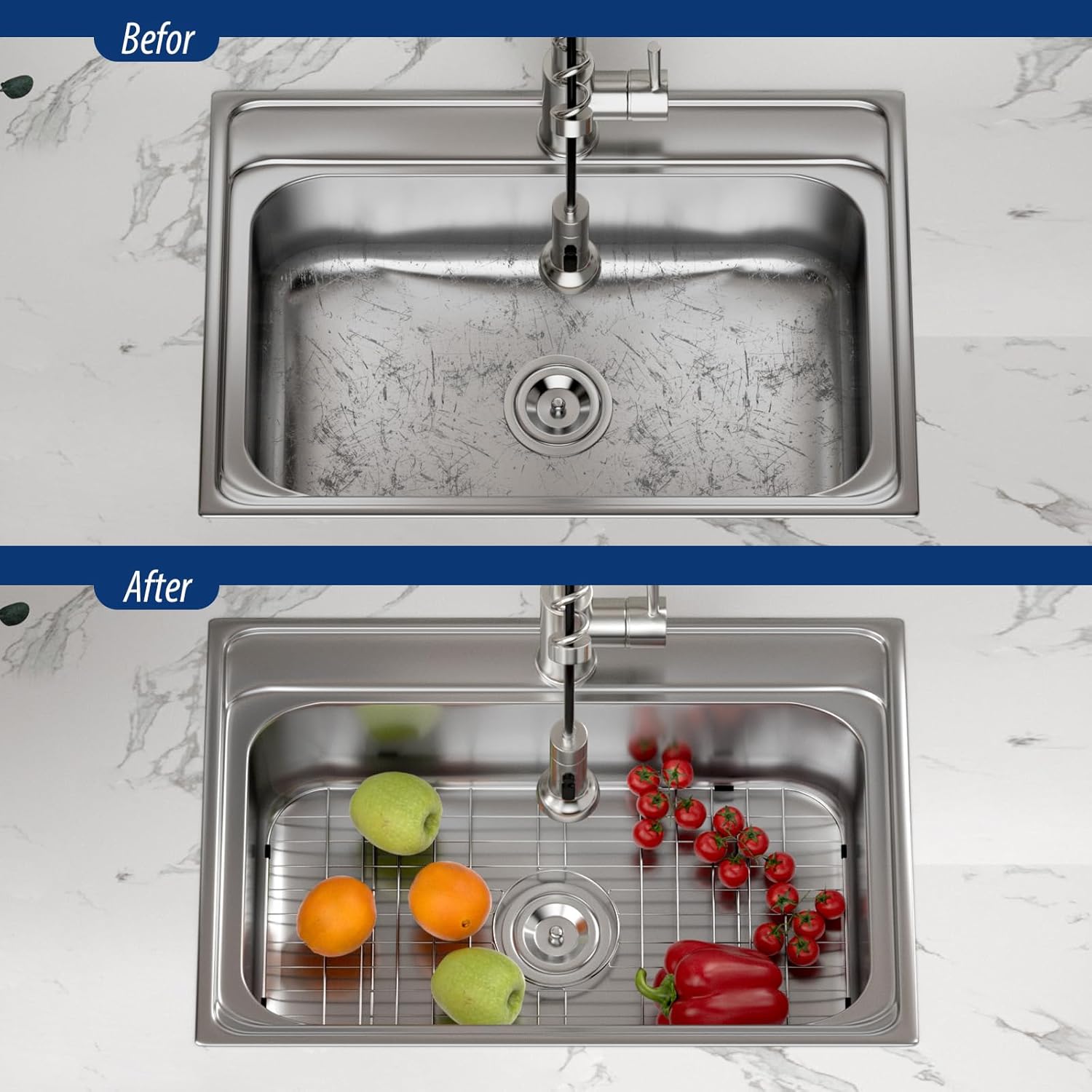Sarlai Sink Protectors Grid, Stainless Steel Sink Grate for Bottom of Kitchen Sink, 24-1/9" x 12-3/5" with Centered Drain 304 Premium Stainless Steel Protector Grid Grate Rack