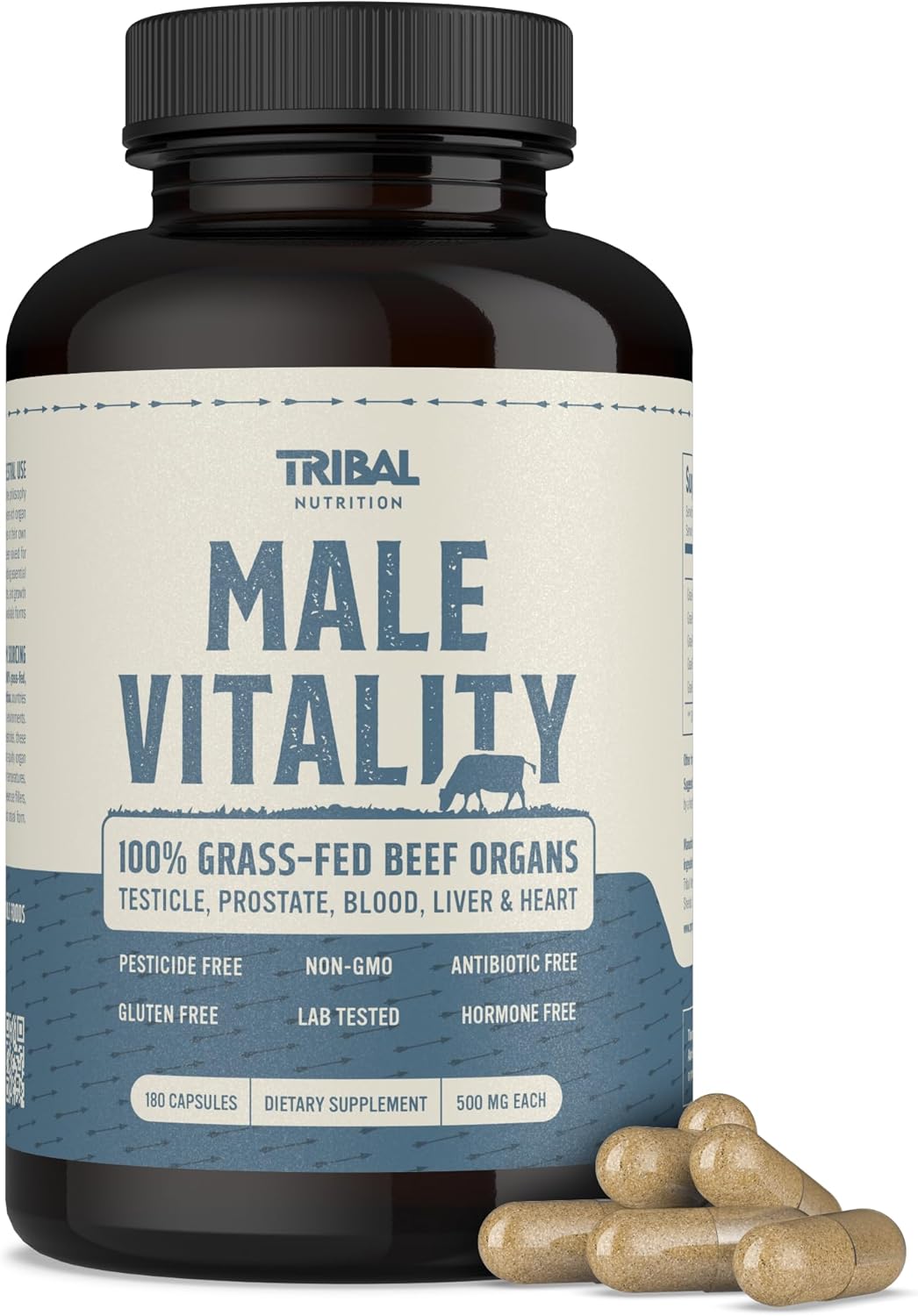 100% Grass Fed Beef Organ Supplement for Men - Beef Testicle, Prostate, Liver, Heart & Blood - 3000mg / 30 Servings