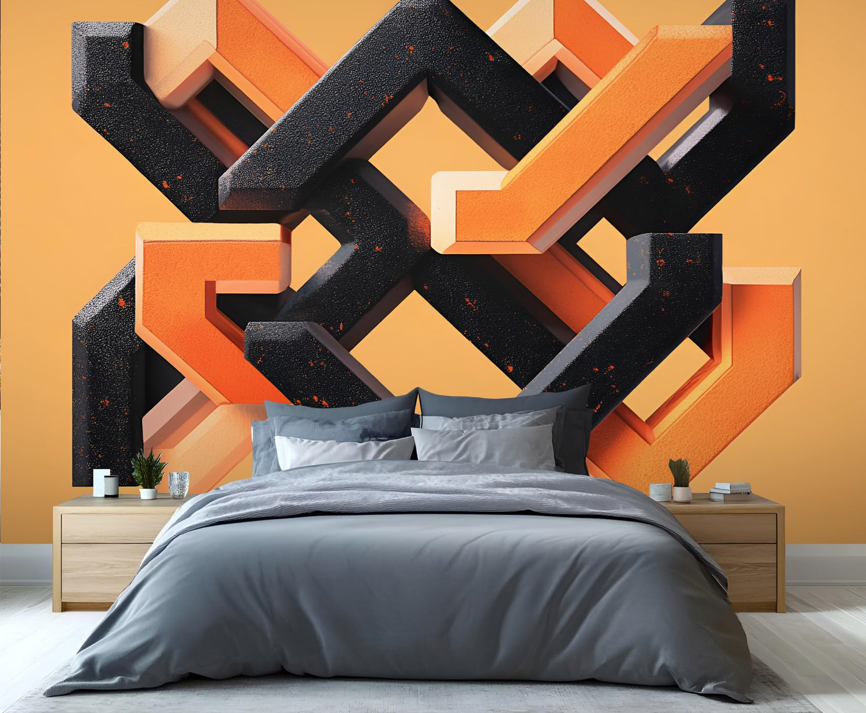 YXQAIED Black and Burnt Orange Wallpaper, Modern Geometric Wallpapers for Living Room, Colorful Geometric Bedroom Wallpaper, Not Self-Adhesive 3D Large Mural & Home Decor
