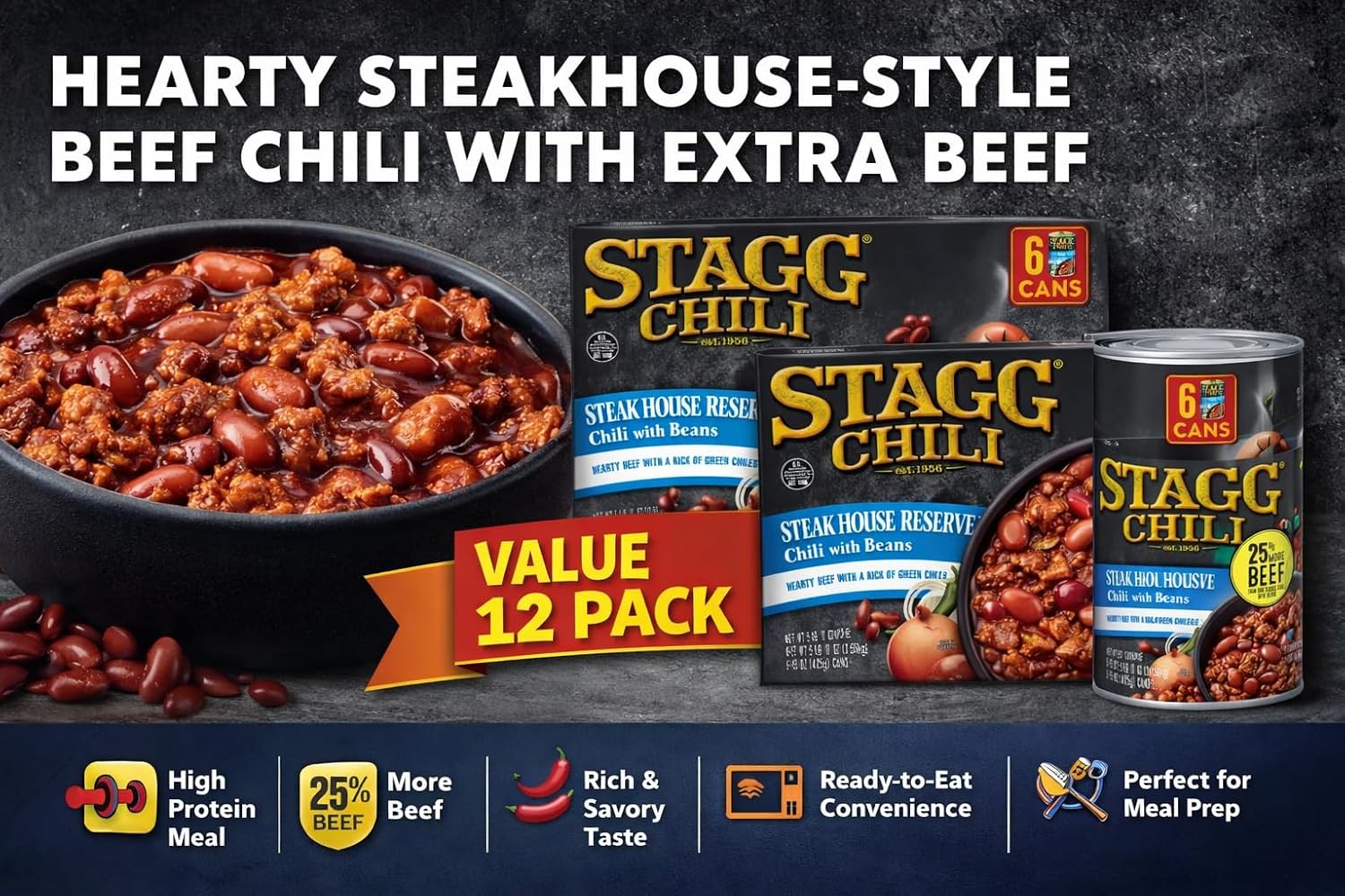 Stagg Steakhouse Reserve Chili with Beans, 15 oz Cans (Pack of 12) – Hearty Beef Chili, Ready to Eat, High Protein Meal – By Snacks and More