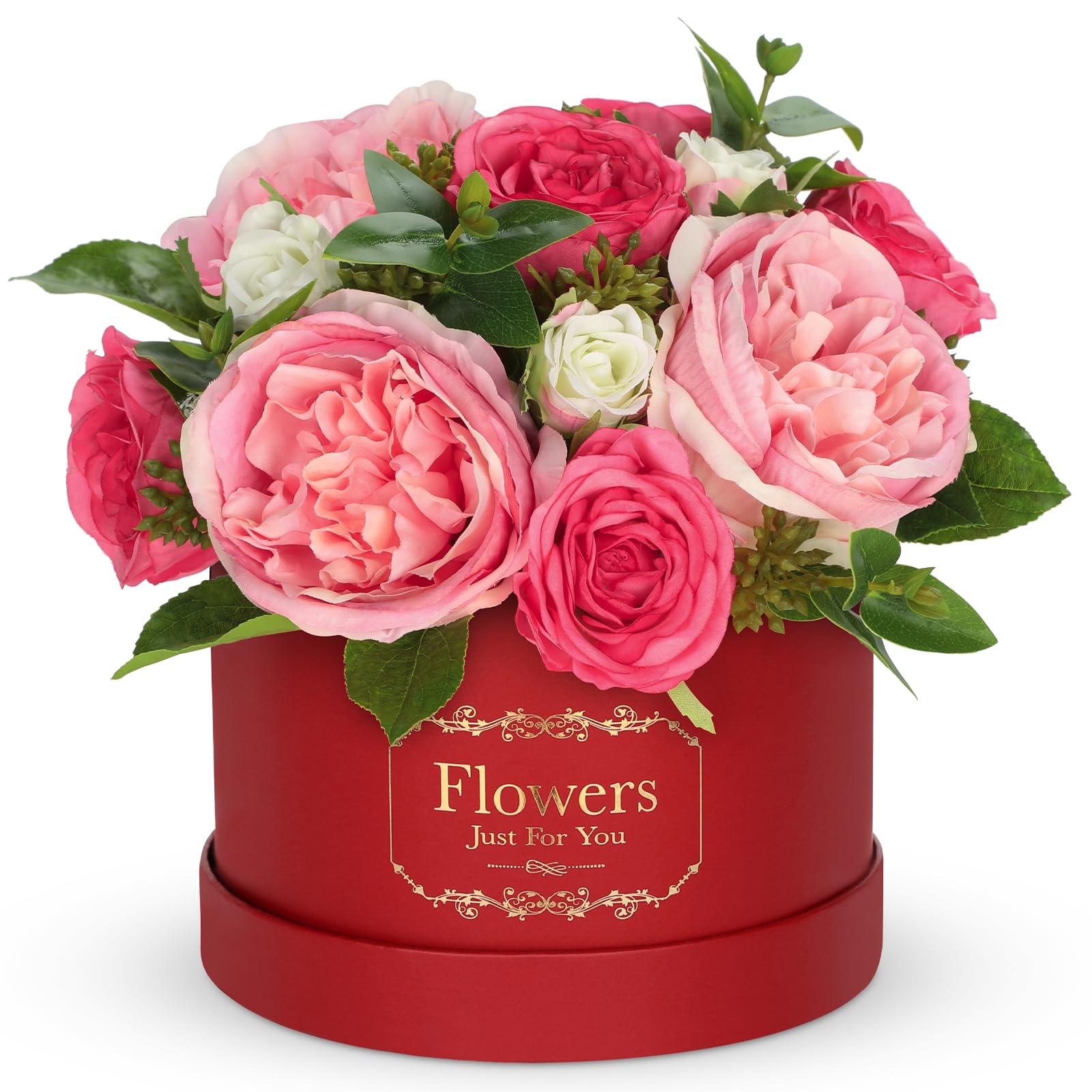 Hollyone Pfingstrosen Künstliche Blumen Deko Rosa Blumenarrangement mit Geschenkbox für Geburtstag Hochzeit, Kunstrosen Seidenblumenstrauß im Geschenkkarton für Muttertag Valentinstag Heimdeko