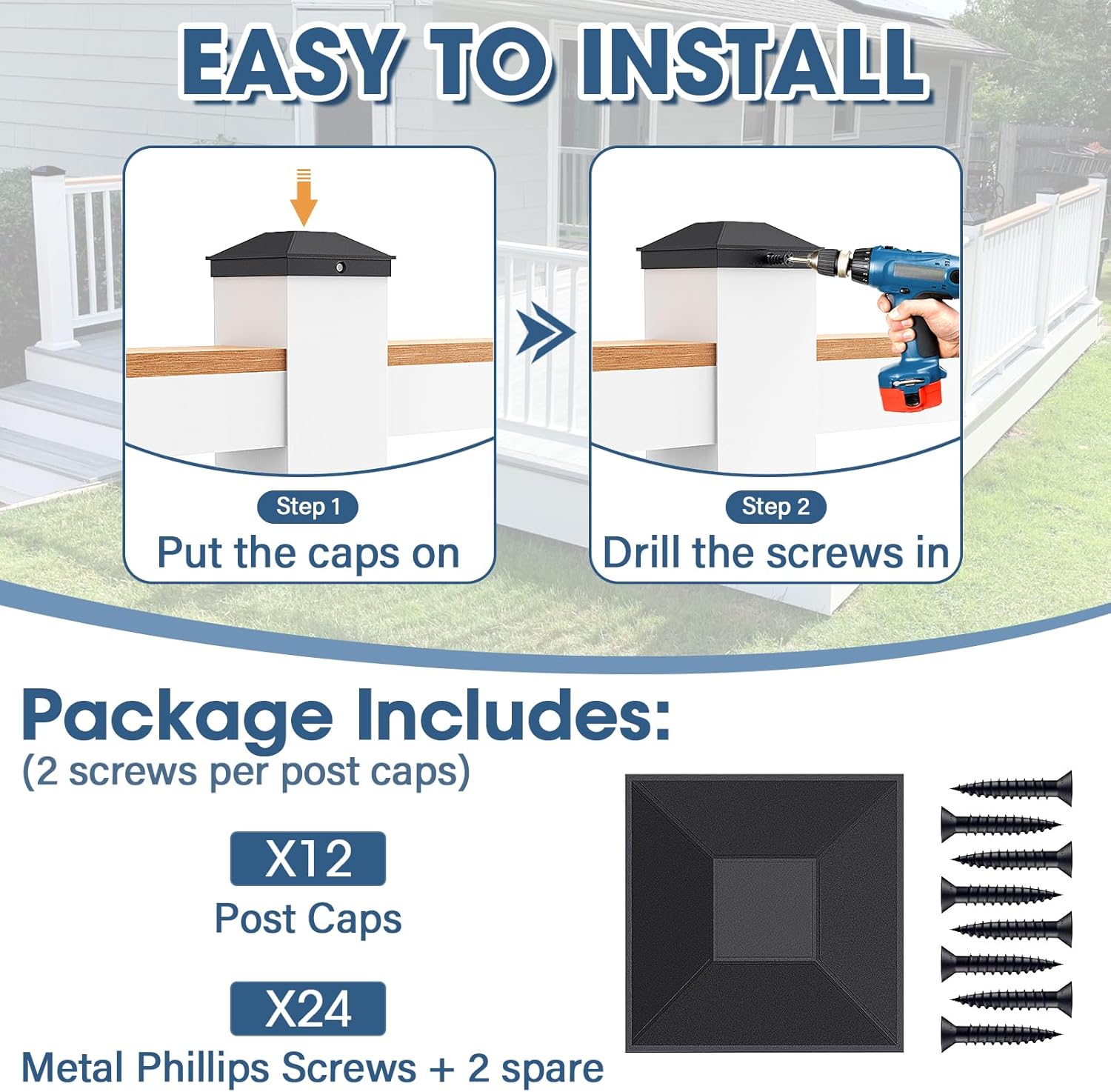 Goovilla 4x4 Post Caps Black(Actual 3.5" x 3.5"), 12 Pack Aluminum Metal Fence Post Caps with 24 Screws and Easy Installation, Waterproof Deck Post Caps with Fade-Resistant Coating, Protect Wood Post