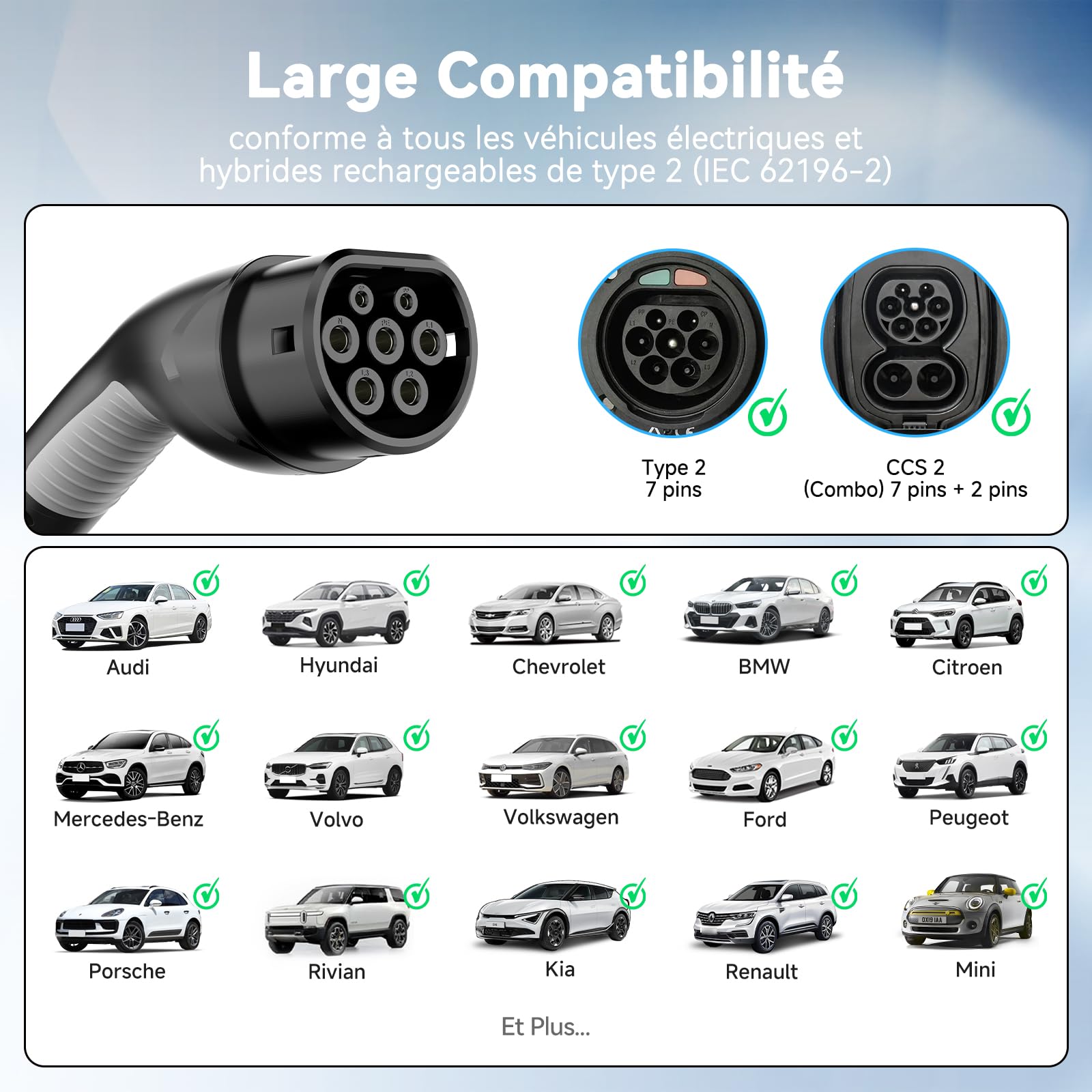 EVDANCE Chargeur Voiture Electrique (3,68 KW, 6-16A, 6,1m) avec Écran OLED | 6-16A Intensité Réglable, Câble Recharge Voiture Électrique Type 2, Étanche IP66, Sac Portable Offert, pour EV IEC 62196-2