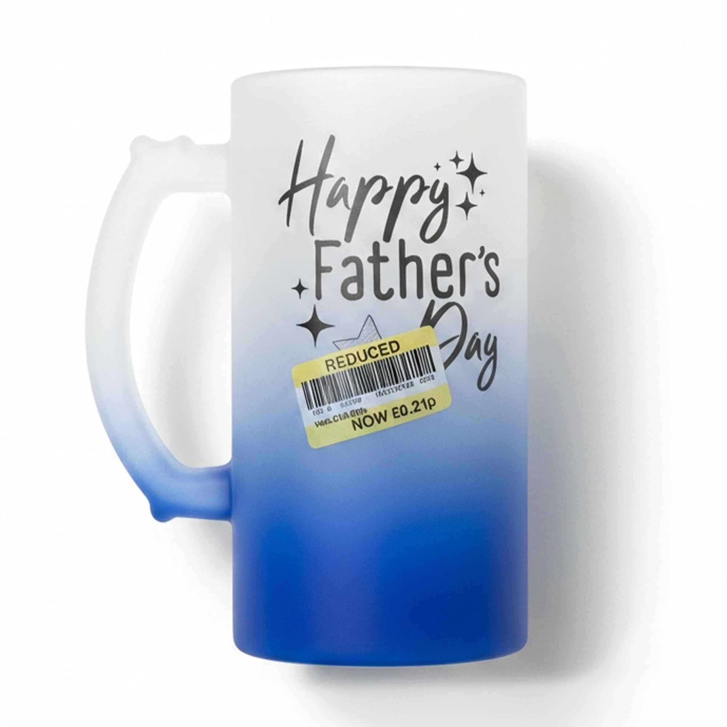 Silly Dog Designs - Funny Father’s Day Mug or Beer Glass - “Reduced” Joke Sticker Design - Ceramic Coffee Cup or Frosted Ombre Beer Stein - Optional Matching Coaster Gift for Dad (Blue Beer Stein)
