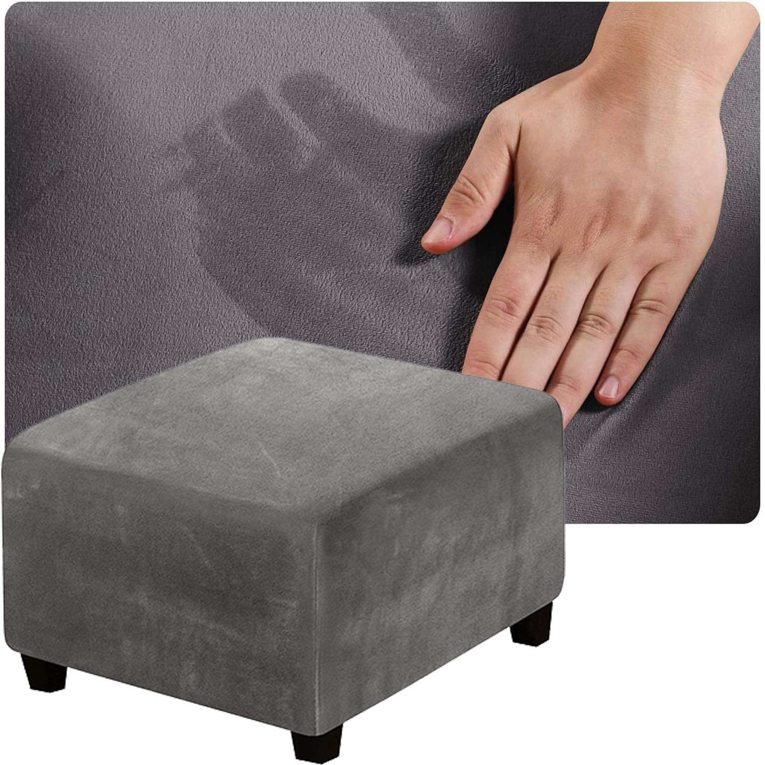 QOEUIUJ Stretch Velvet Ottoman Cover Square 40x40 60×60 80×80cm Custom Ottoman Slipcover Stretch Stool Protector Hassock Covers for Footstool Footrest Pouf(Grey,55x55cm)