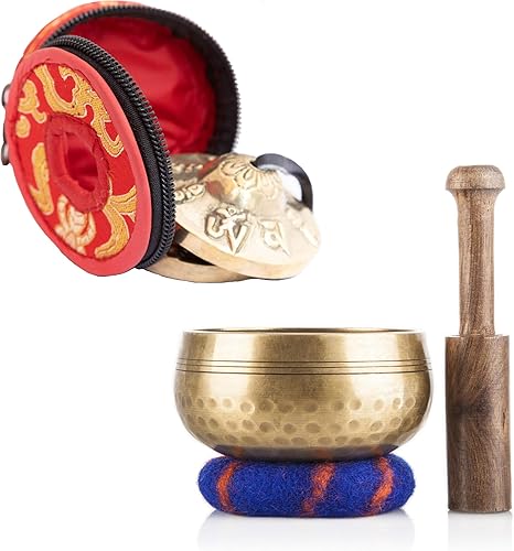Miniatura 1 de Ohm Store Juego de cuenco tibetano y campanas de Tingsha, instrumentos nepalíes hechos a mano para meditación y atención plena