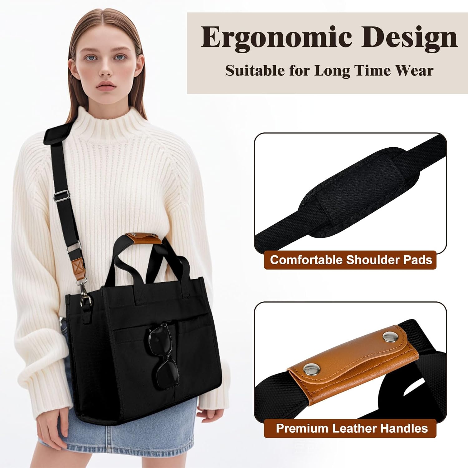 Tote Bag for Women, Canvas Tote Bag with Velcro Closure, Laptop Work Crossbody Bags Daily Handbags Purse for Travel - Image 2