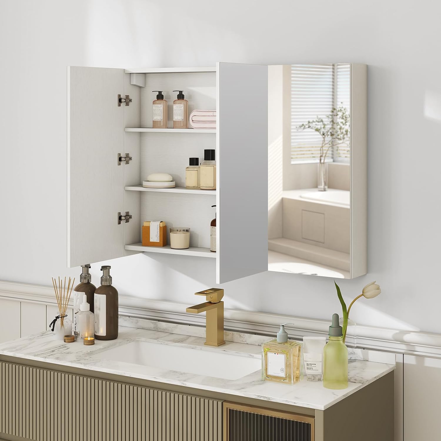 COSTWAY Frameless Bathroom Medicine Cabinet with Mirror, 3-Door Wall-Mounted Storage Cabinet with Shelves, Recess or Surface Mount Optional
