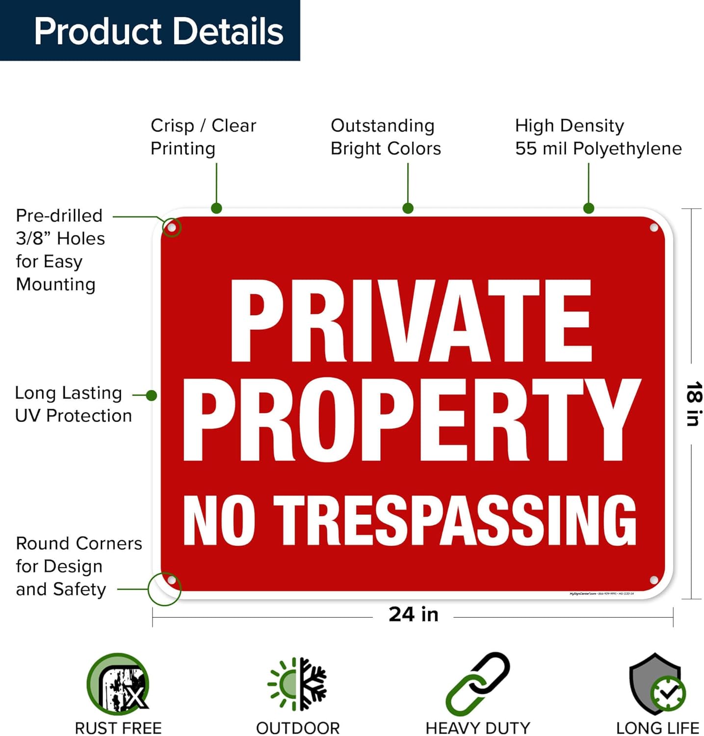 Private Property No Trespassing Sign, (MS-1133) 18x24 Inches, 55 mil thick HDPE (high density polyethylene), Made in USA by My Sign Center