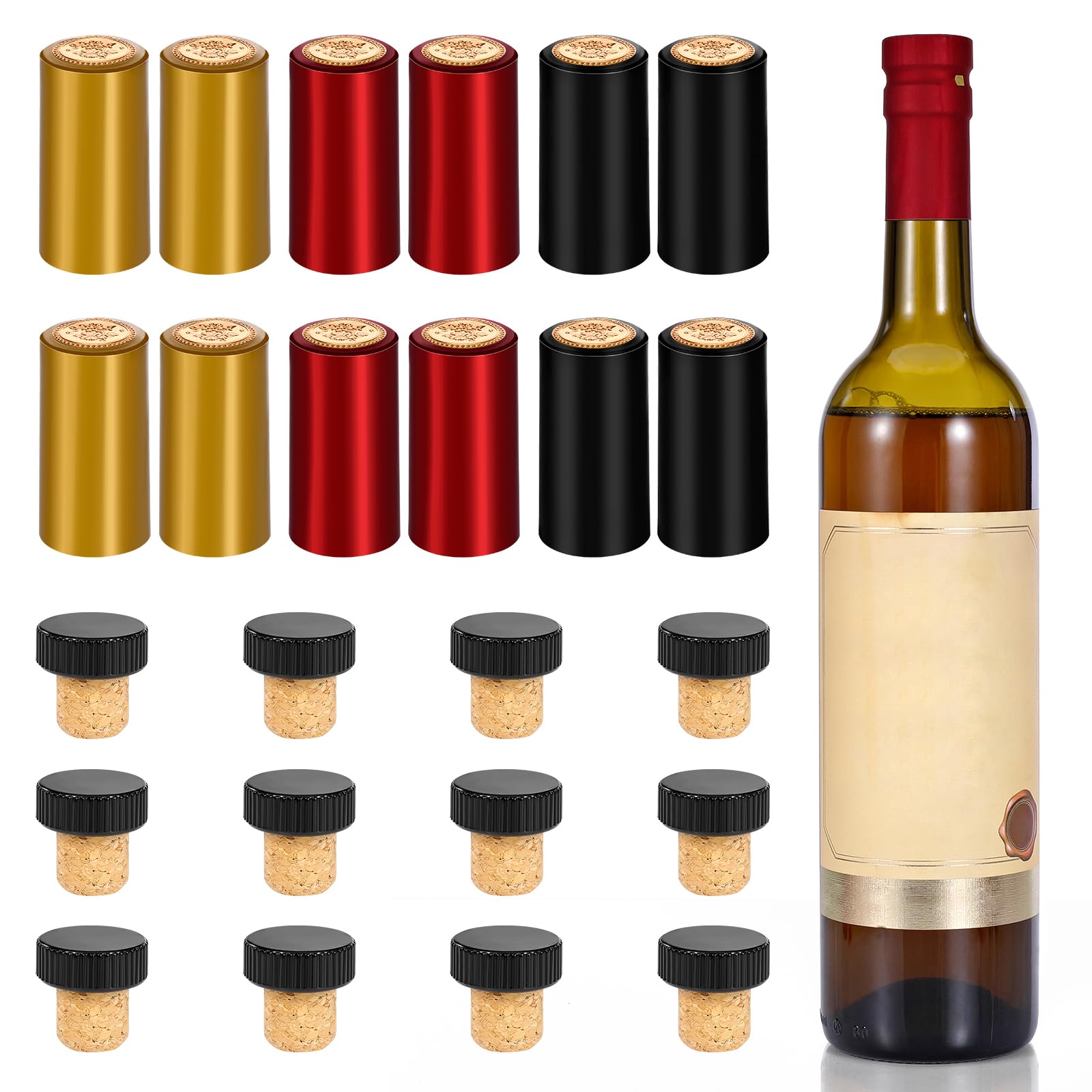 30 Pcs Wine Sealer for Wine Bottles - Bottle Sealer for Cruise, Plastic Heat Shrink Cap & Wood Cork Stopper with Plastic Top