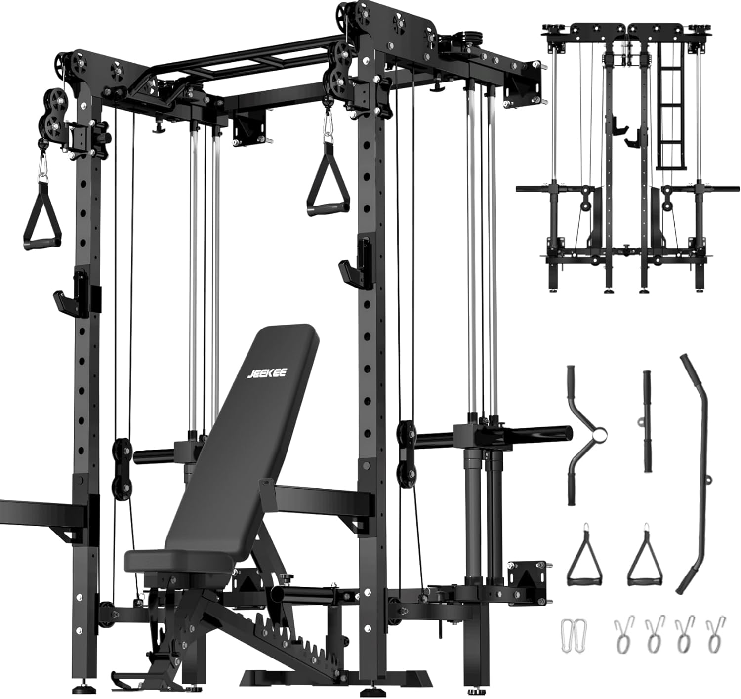 JEEKEE Folding Wall Mounted Power Rack with 180LB Weight Stack, 2400LB 2×3 Heavy Duty Squat Rack, Dual Cable Crossover System 1:1 Ratio, Functional Trainer for Home Gym Small Space,Black