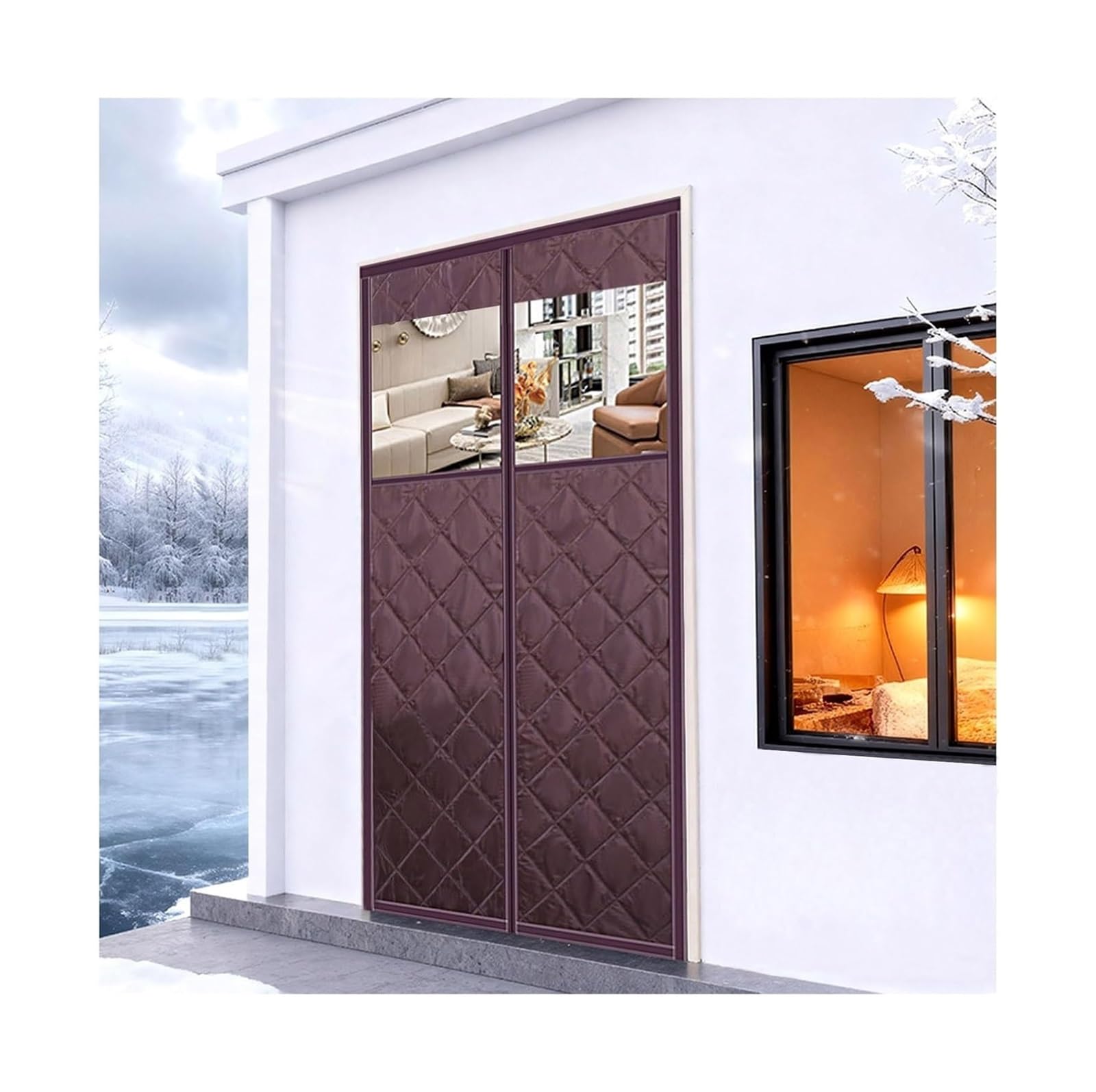 Rideau thermique pour porte de cuisine ou entrée avec hublot transparent