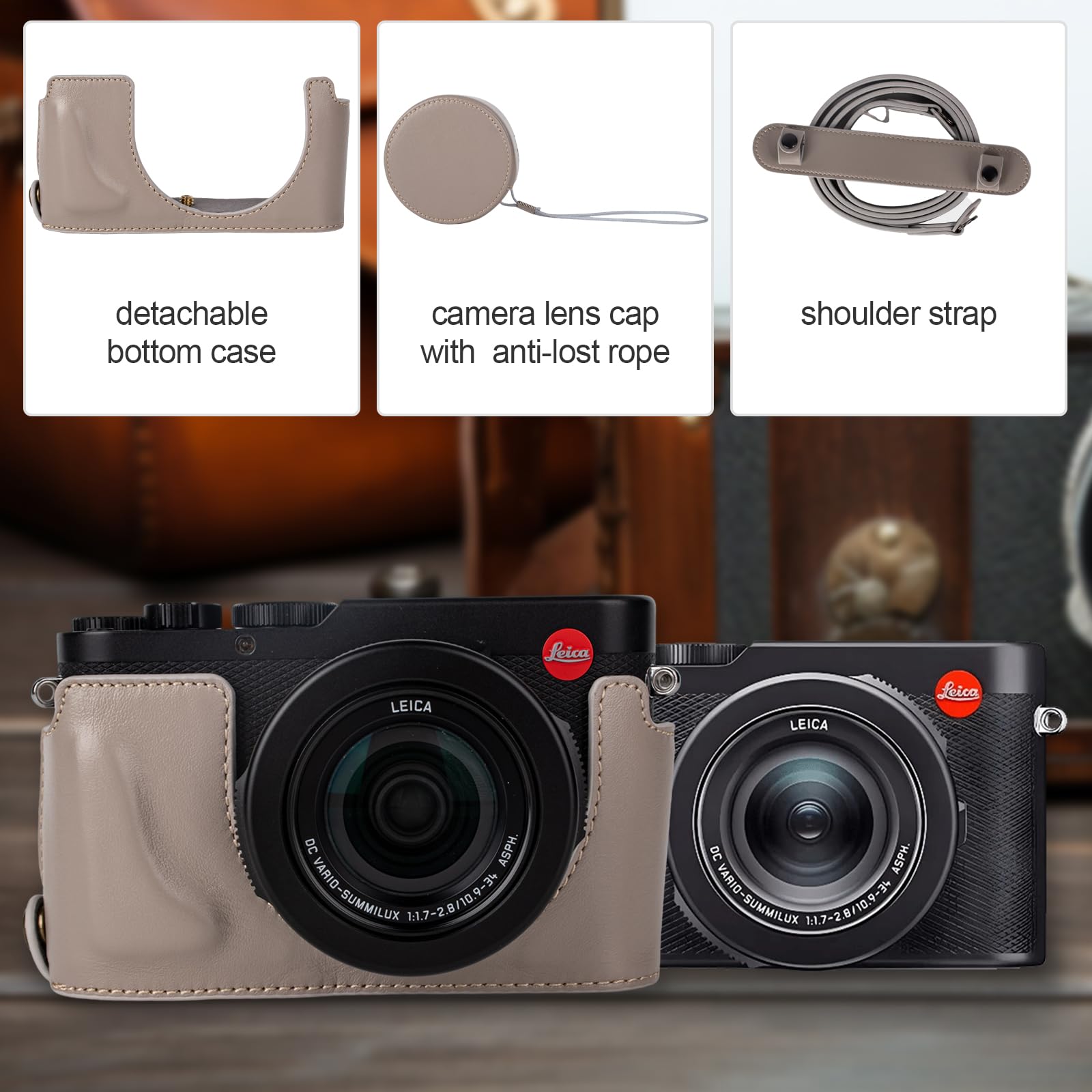 Rieibi Custodia per fotocamera in vera pelle fatta a mano per Leica D-LUX8, mezza custodia per Leica DLUX8 custodia con copriobiettivo anteriore e tracolla