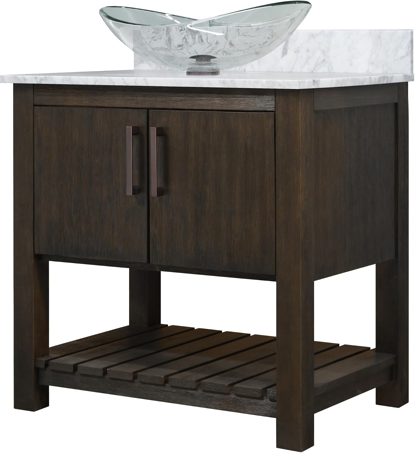 Miseno MV-30CM-NOBV-CAR-324C 30" Free Standing Single Basin Vanity Set with Cabinet, Oval Glass Vessel Sink and Marble Vanity Top - Cafe Mocha/Carrara White Top/Oil Rubbed Bronze Hardware