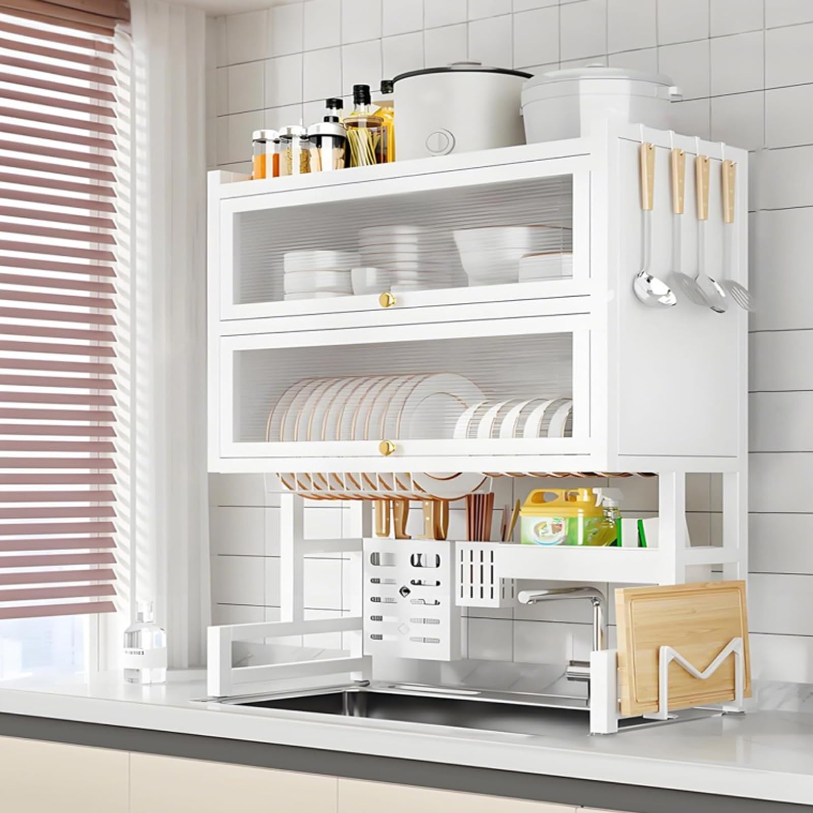 Escurridor de platos multifuncional de 3 niveles para colocar sobre el fregadero, organizador de cocina con puerta abatible, estante grande de acero al carbono que ahorra espacio para (75cm/29.5in)