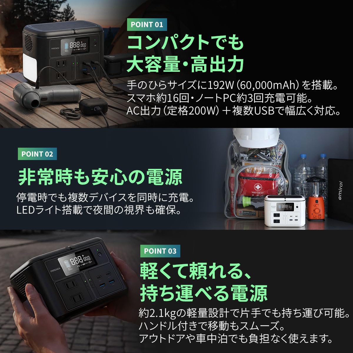 Amazon.co.jp: ポータブル電源 蓄電池 小型 192Wh 60000mAh 定格200W