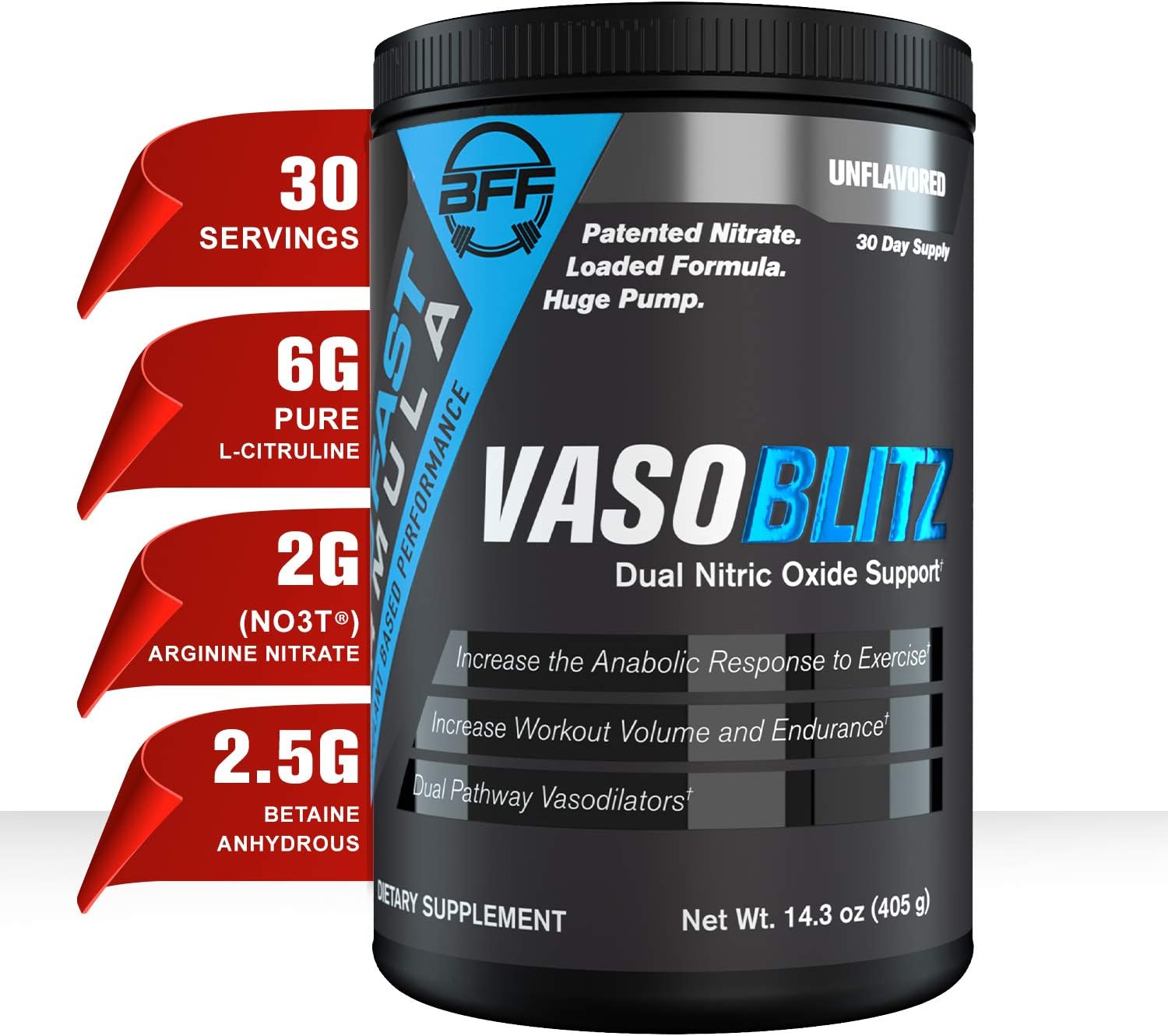VASOBLITZ Award Winning Dual Nitric Oxide Pre Workout with NO3T Arginine Nitrate,L-Citrulline,Betaine Anhydrous,Calcium Lactate,Caffeine Free for Muscular Endurance(30 Serving) (Unflavored)