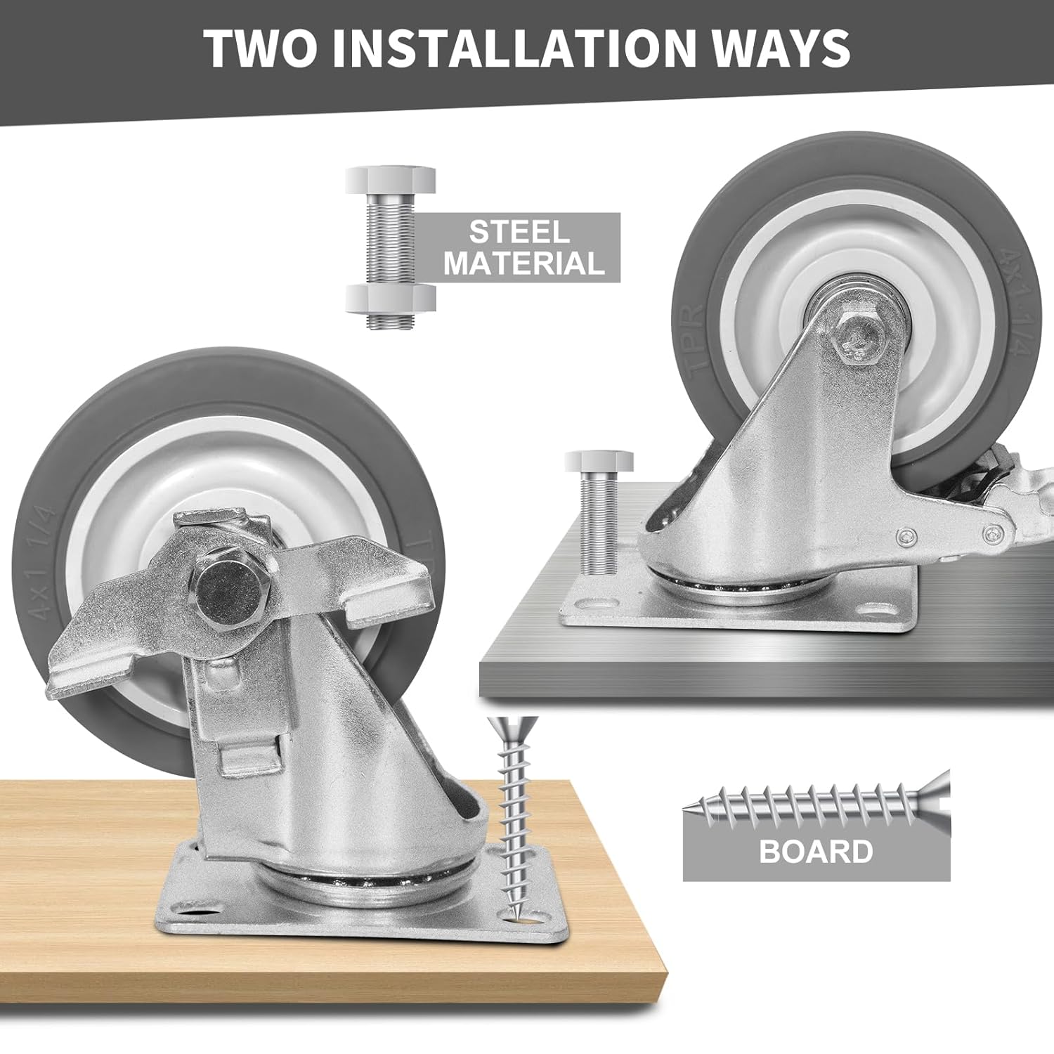 4 Inch Caster Wheels, Rubber Wheels Silent Castor- Set of 4 Heavy Duty Caster Wheels with Brake 1600Lbs, Industrial Plate Casters Wheels for Cart Furniture Workbench (4 Swivel)