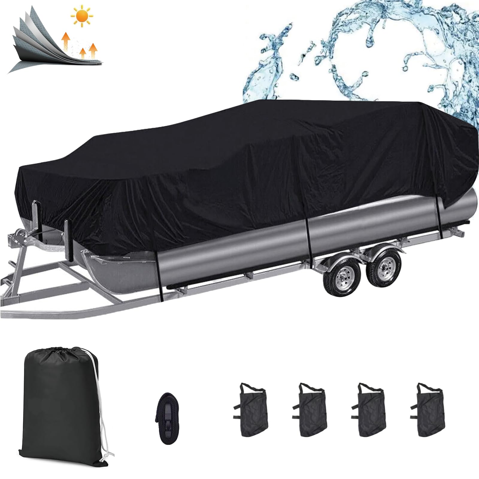 Pontoon Boat Covers 17-20 ft Waterproof PU Coating Marine Grade 600D Polyester UV-Proof with Windproof Buckle Straps Trailerable Boat Cover (Black, Size: Length 17-20 ft,Beam 96").