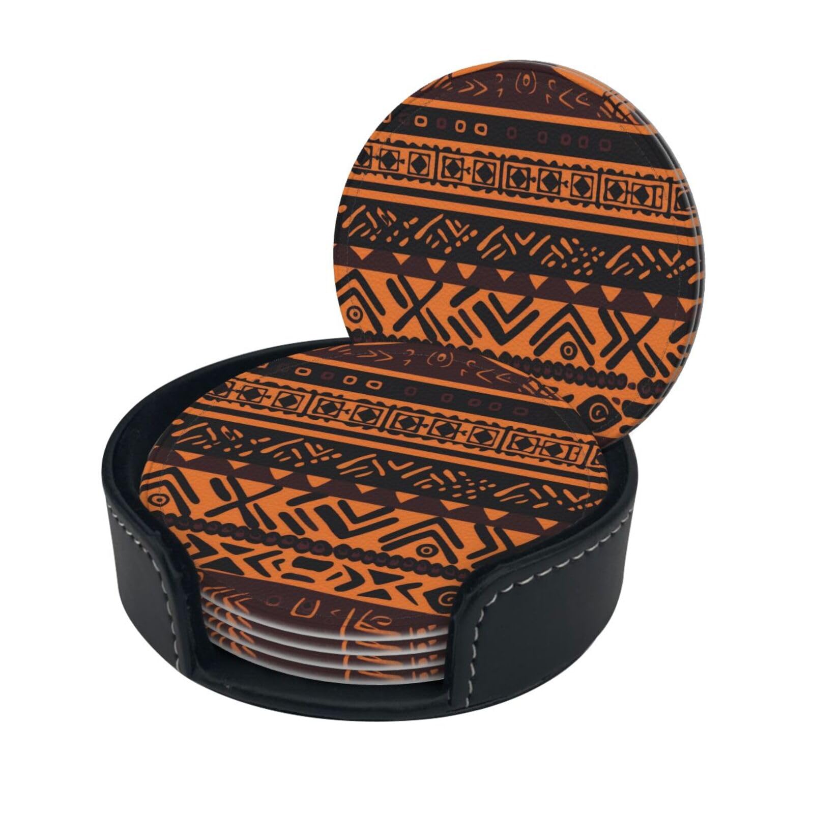 Stylish Coasters - African Mud Cloth Tribal Set of 6 Round Leather Drink Coasters with Holder - Perfect Size for Cups and Glasses