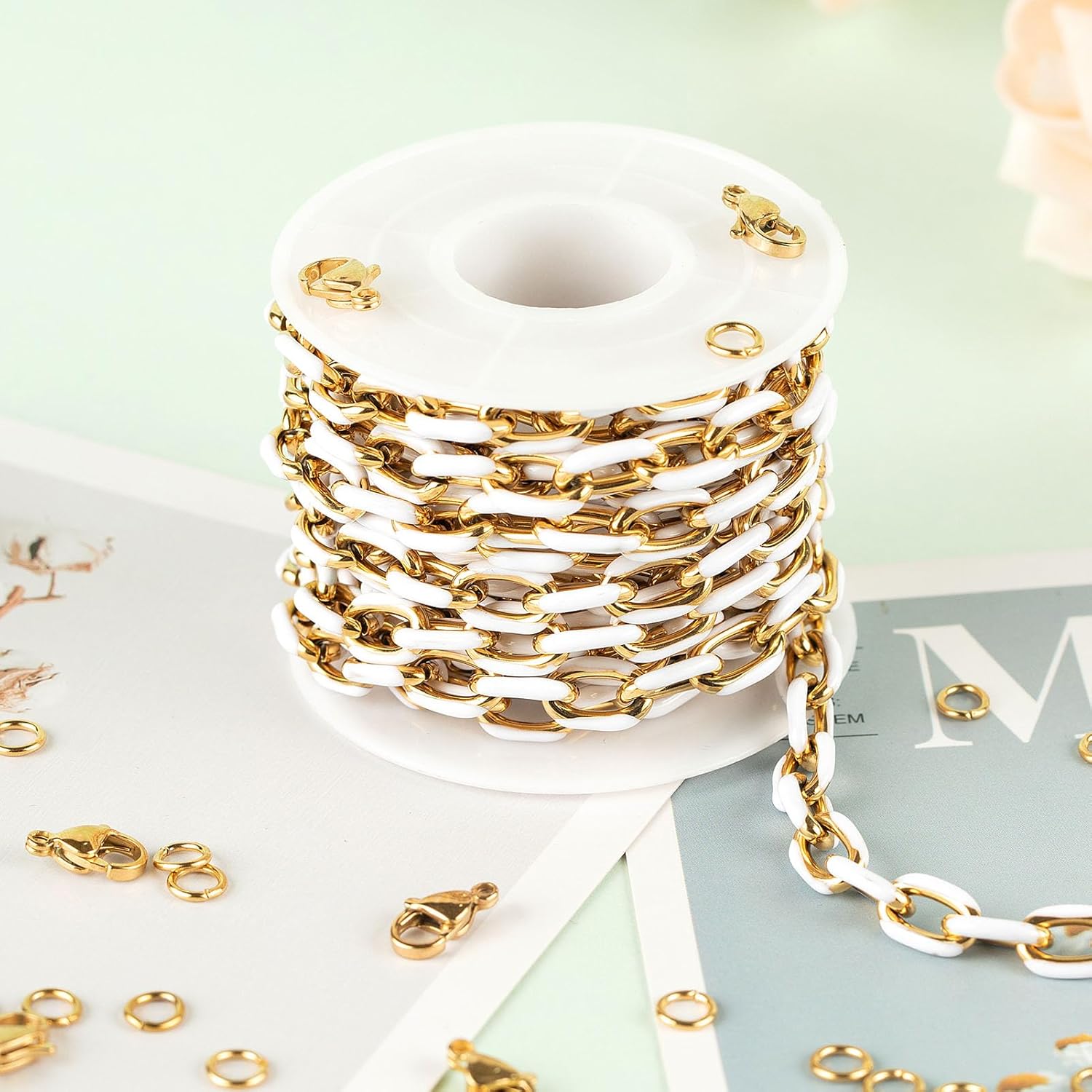 UMAOKANG 2 Meters White Enamel Jewelry Chains Bulk Gold Plated Stainless Steel Chains for Jewelry Making Oil Drip Craft Chain Roll